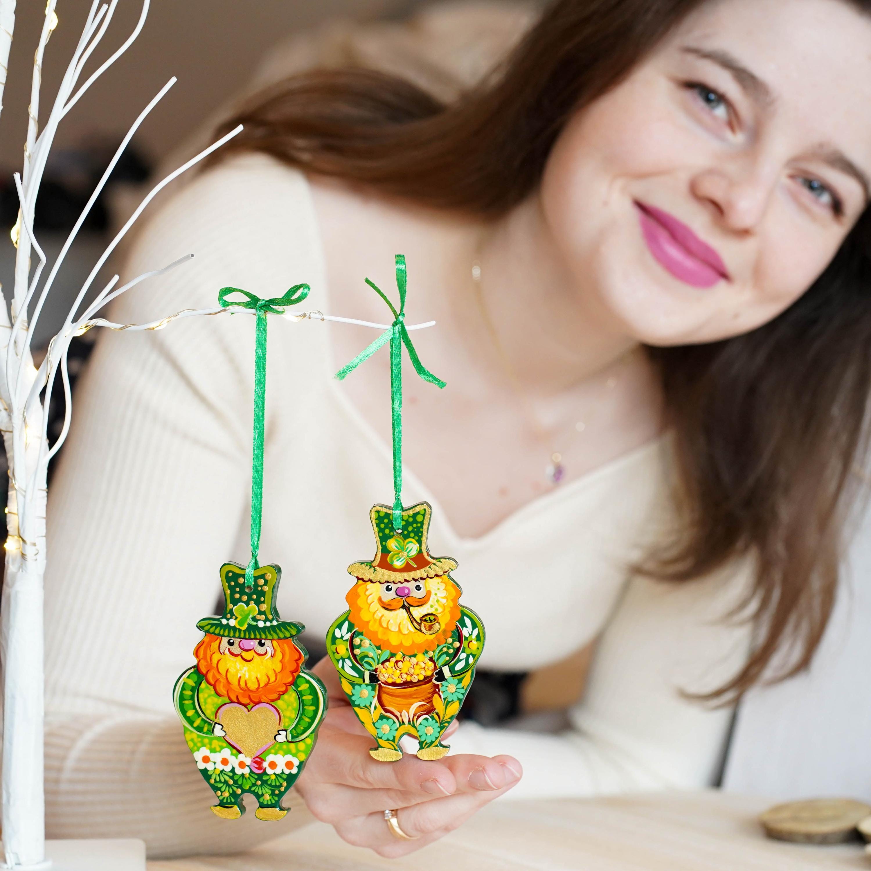 Painted Wooden Smoking Leprechaun Ornament - Ukrainian Petrykivka Art St Patrick's Day Decor, Irish Keepsake Gift