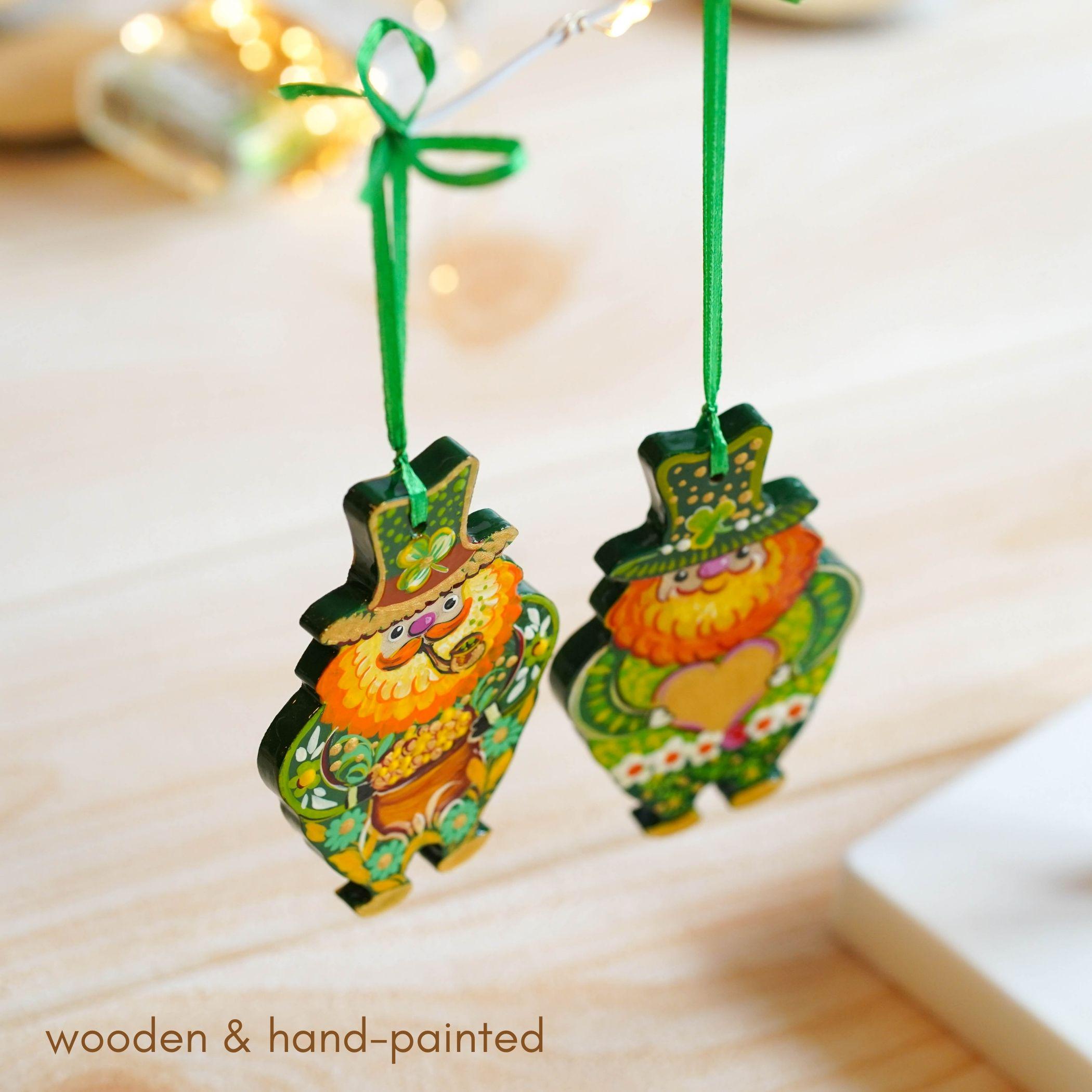 Painted Wooden Leprechaun Ornament - Ukrainian Petrykivka Art St Patrick's Day Decor, Irish Keepsake Gift