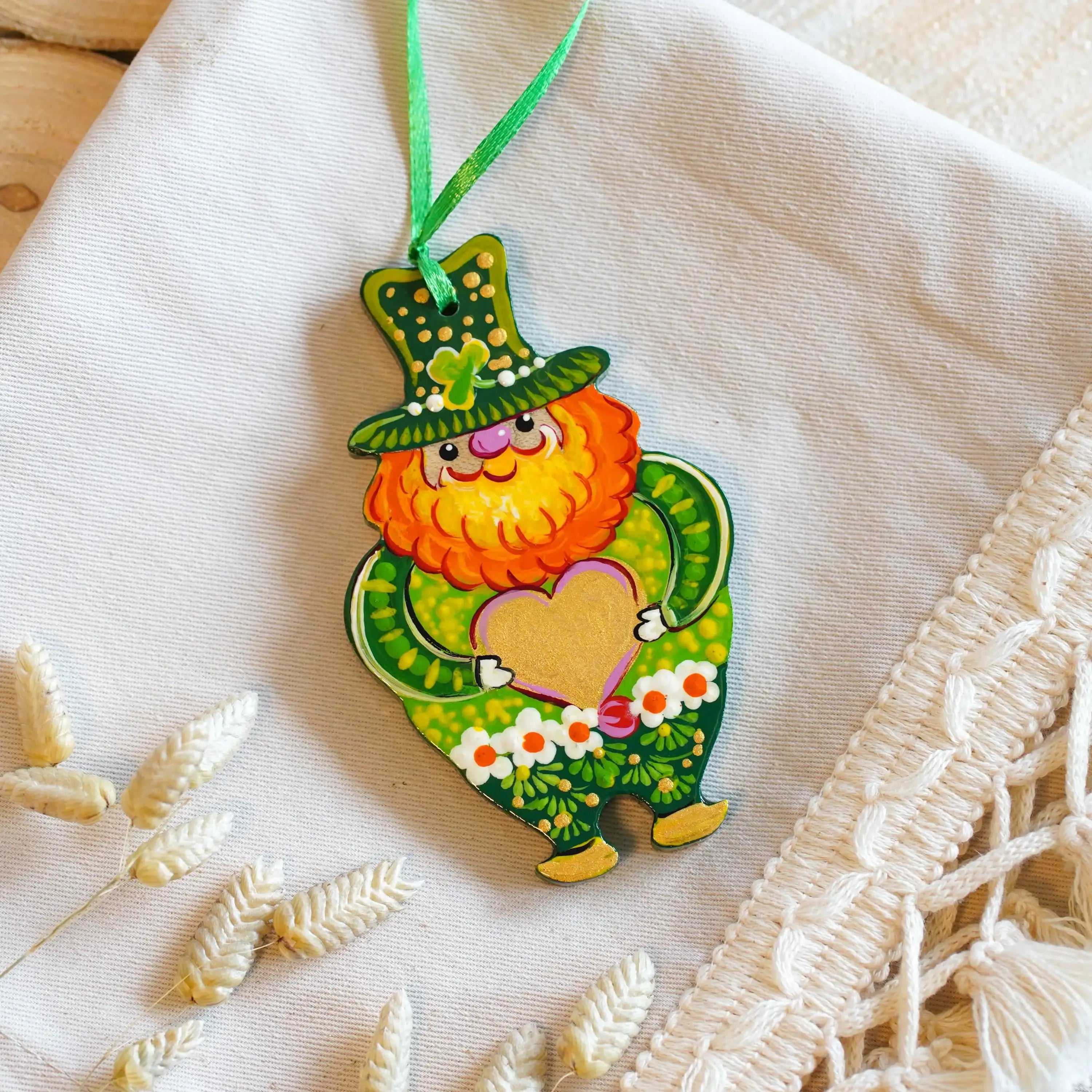 Painted Wooden Leprechaun Ornament - Ukrainian Petrykivka Art St Patrick's Day Decor, Irish Keepsake Gift