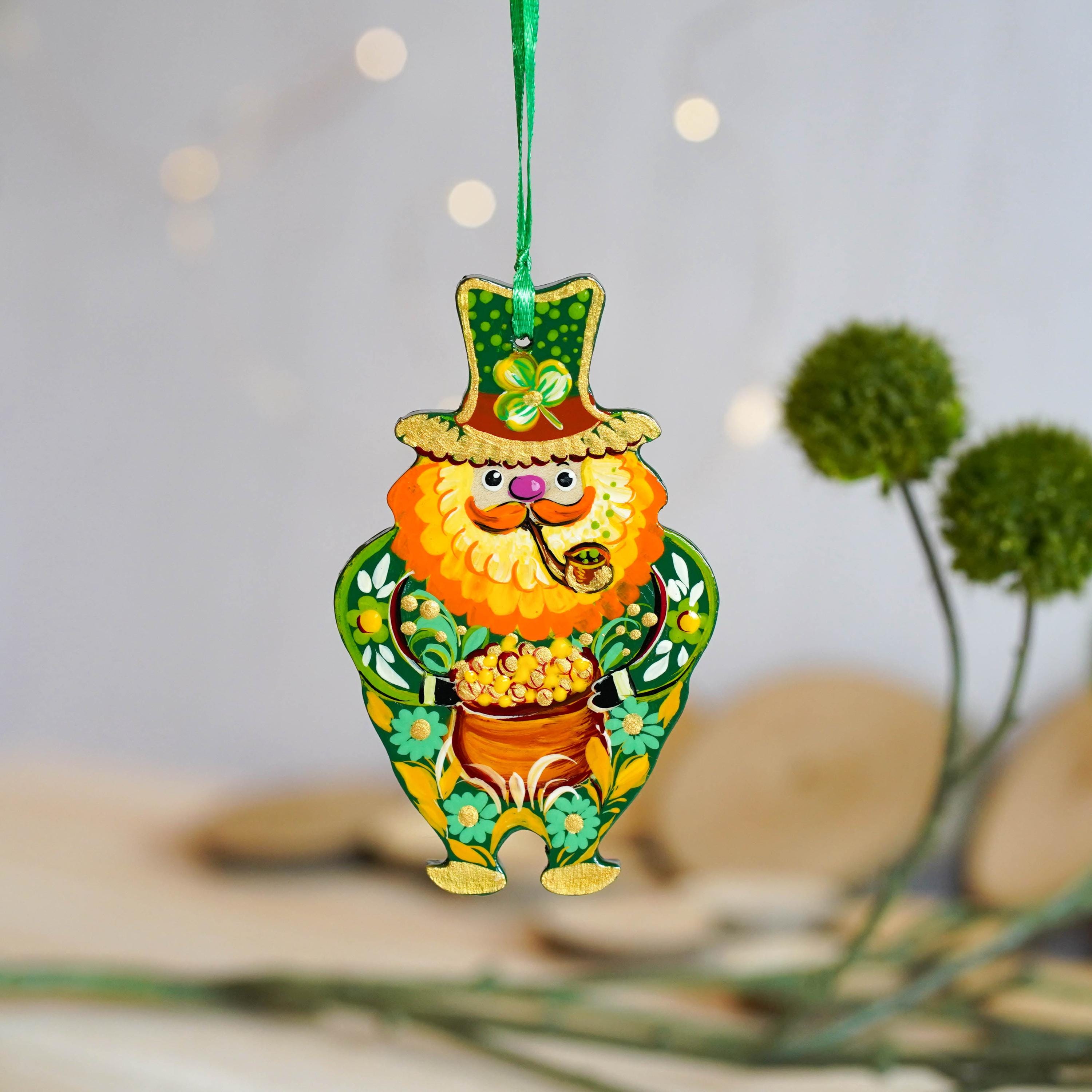 Personalized Painted Wooden Leprechaun Ornament - Ukrainian Petrykivka Art St Patrick's Day Decor, Handmade Irish Keepsake Gift