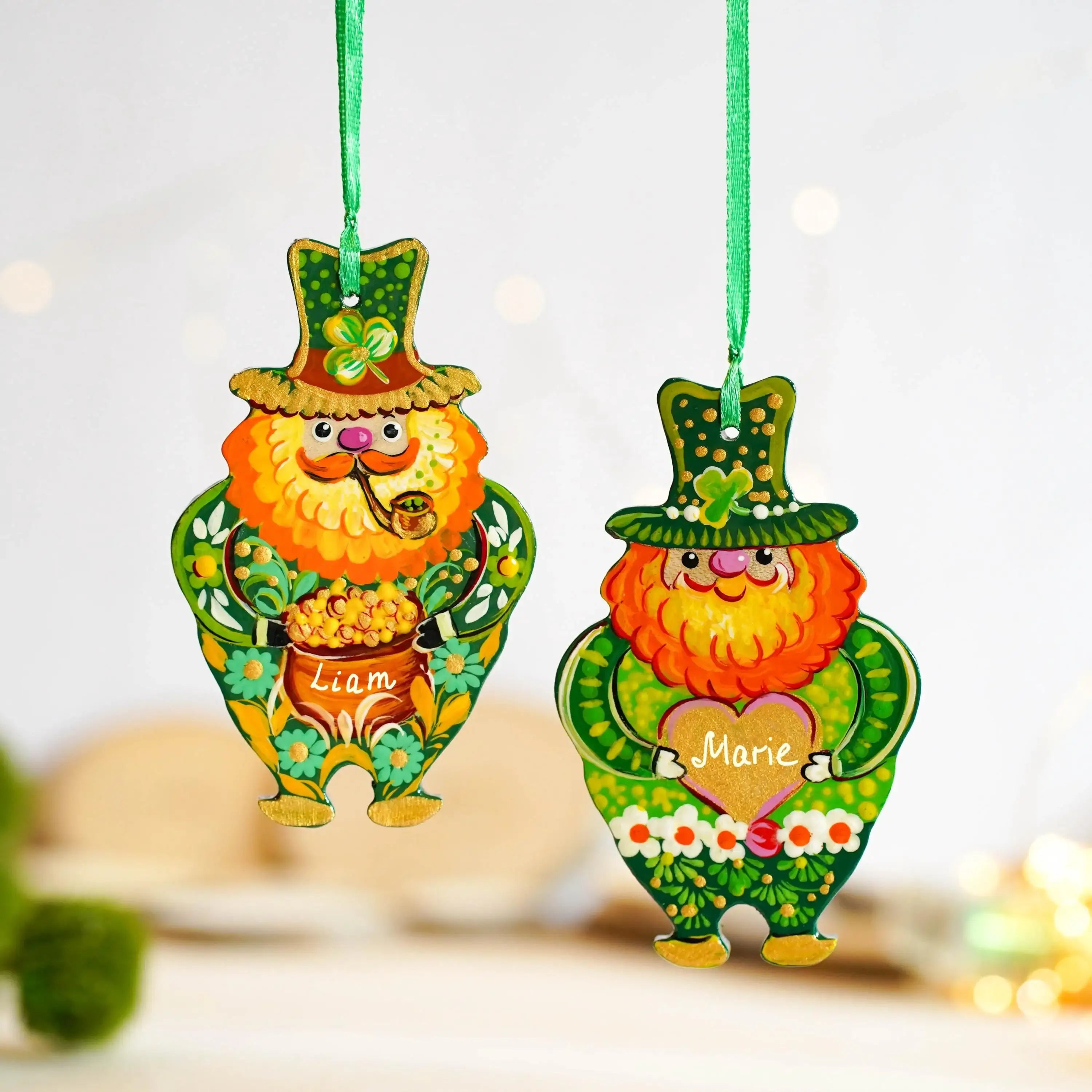 Personalized Painted Wooden Leprechaun Ornament - Ukrainian Petrykivka Art St Patrick's Day Decor, Handmade Irish Keepsake Gift