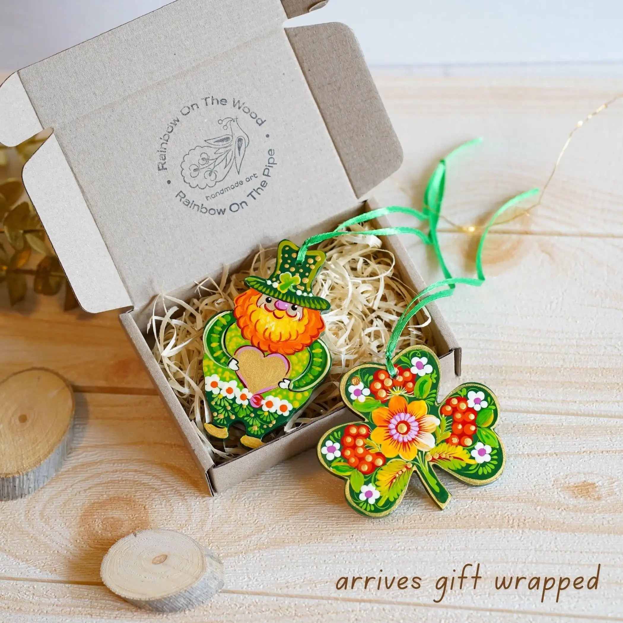 Set of 2 Painted Wooden St Patrick's Day Ornaments, Ukrainian Petrykivka Art Leprechaun & Clover Leaf Ornament, Handmade Irish Keepsake Gift