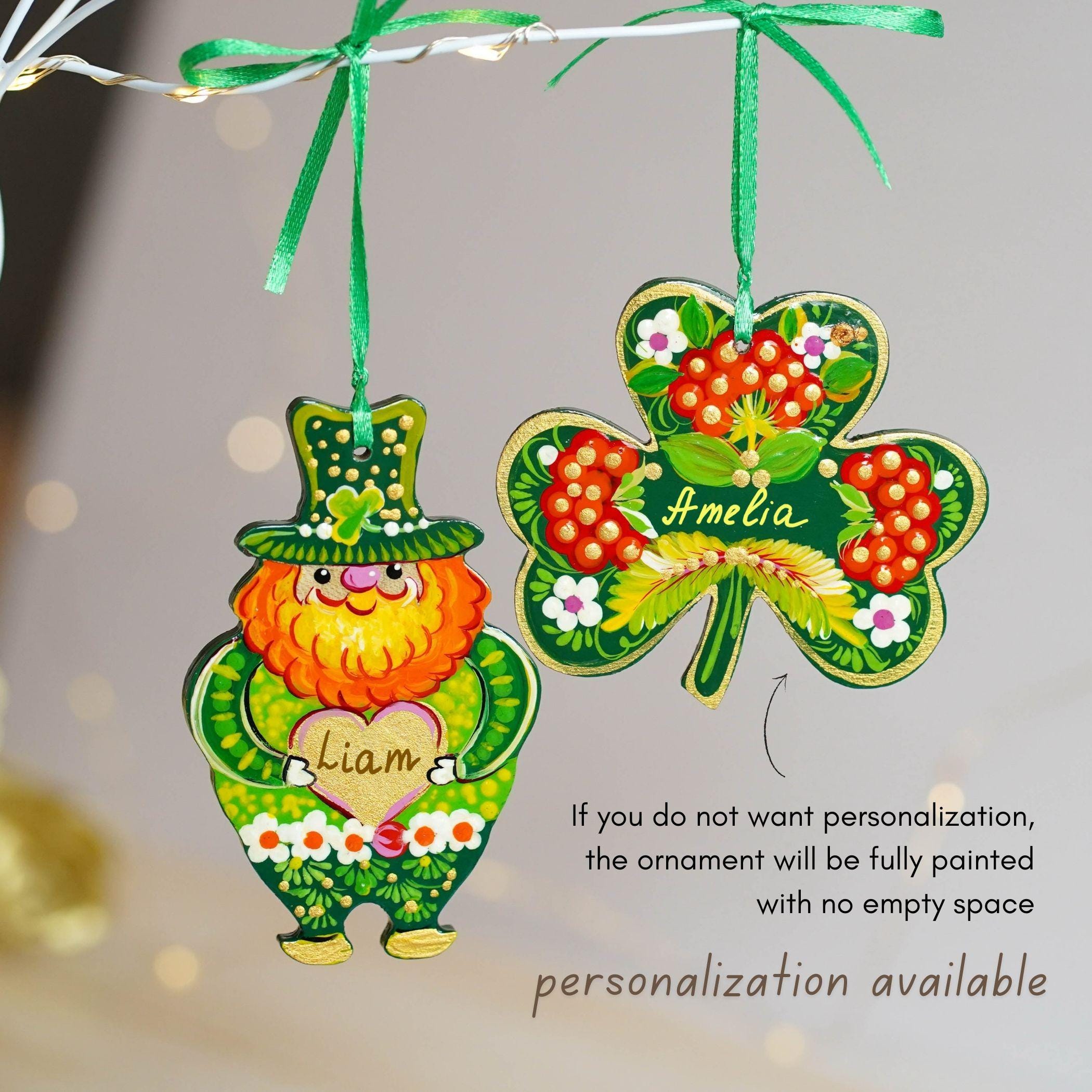 Set of 2 Painted Wooden St Patrick's Day Ornaments, Ukrainian Petrykivka Art Leprechaun & Clover Leaf Ornament, Handmade Irish Keepsake Gift
