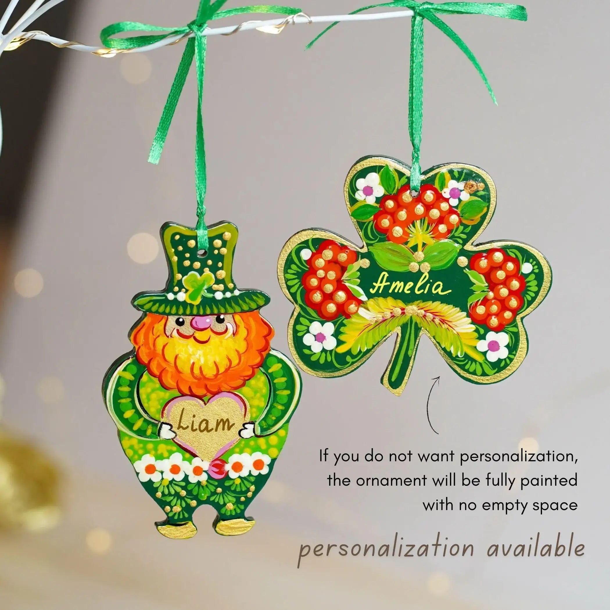 Set of 2 Painted Wooden St Patrick's Day Ornaments, Ukrainian Petrykivka Art Leprechaun & Clover Leaf Ornament, Handmade Irish Keepsake Gift