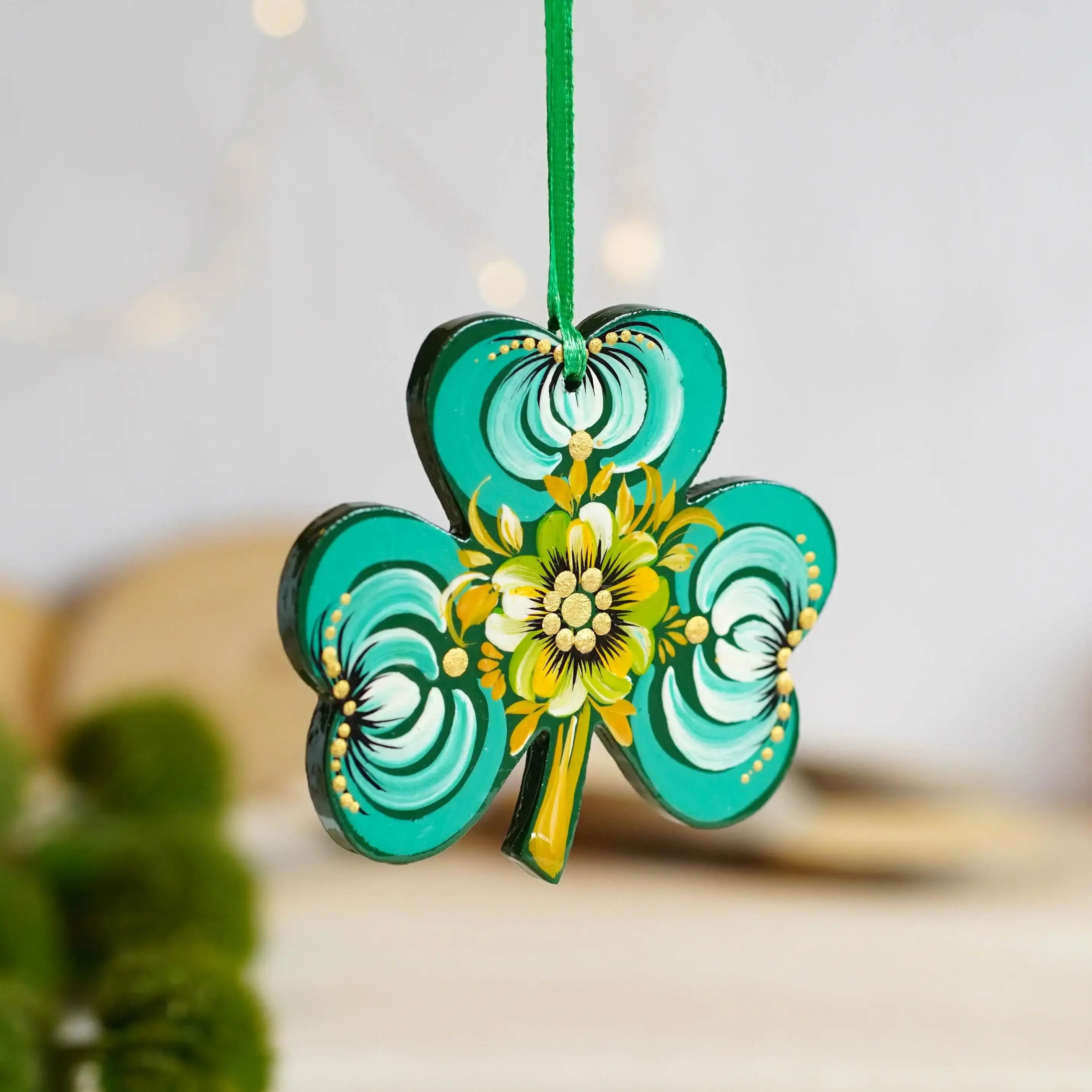 Painted Wooden St Patrick's Day Ornaments, Ukrainian Petrykivka Turquoise Clover Leaf Ornament, Handmade Irish Keepsake Gift