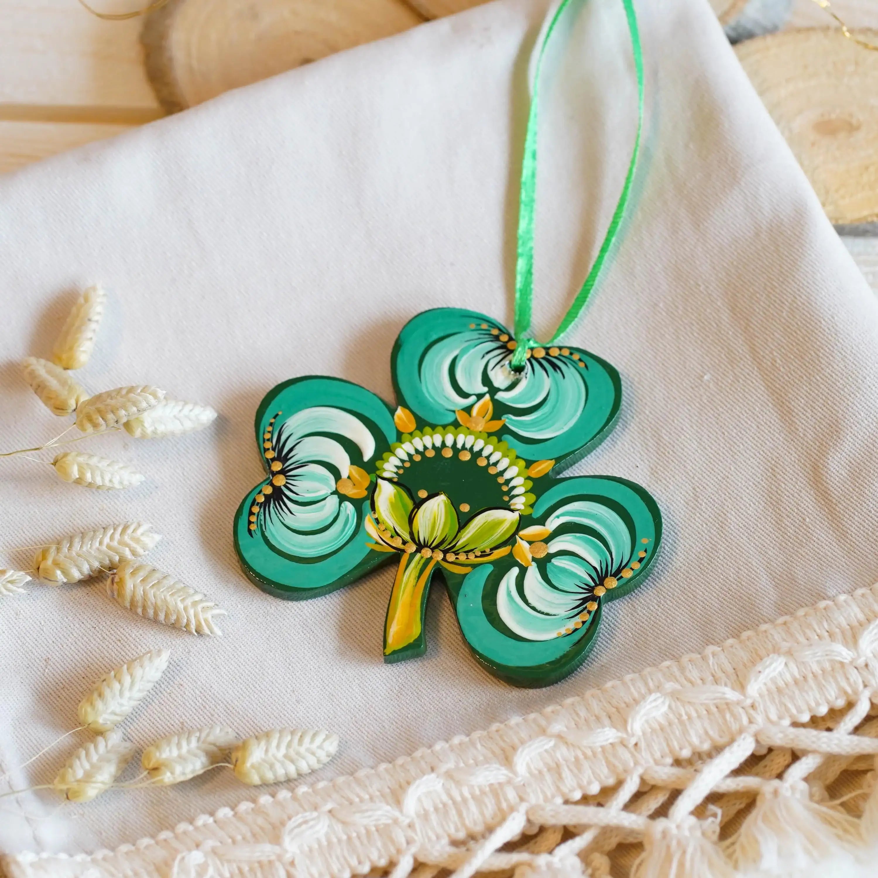 Painted Wooden St Patrick's Day Ornaments, Ukrainian Petrykivka Turquoise Clover Leaf Ornament, Handmade Irish Keepsake Gift