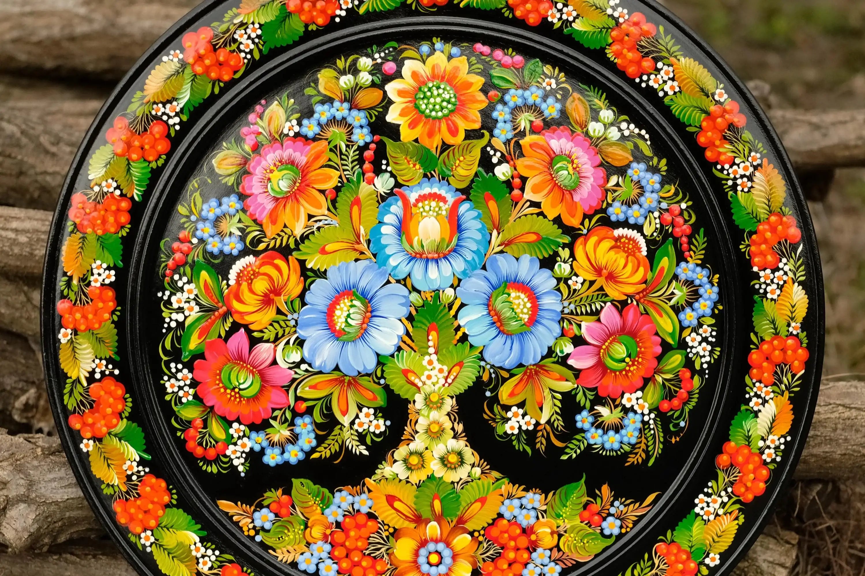 Large Painted Decorative Wooden Plate - Ukrainian Tree of Life Wall Plate with Petrykivka Painting