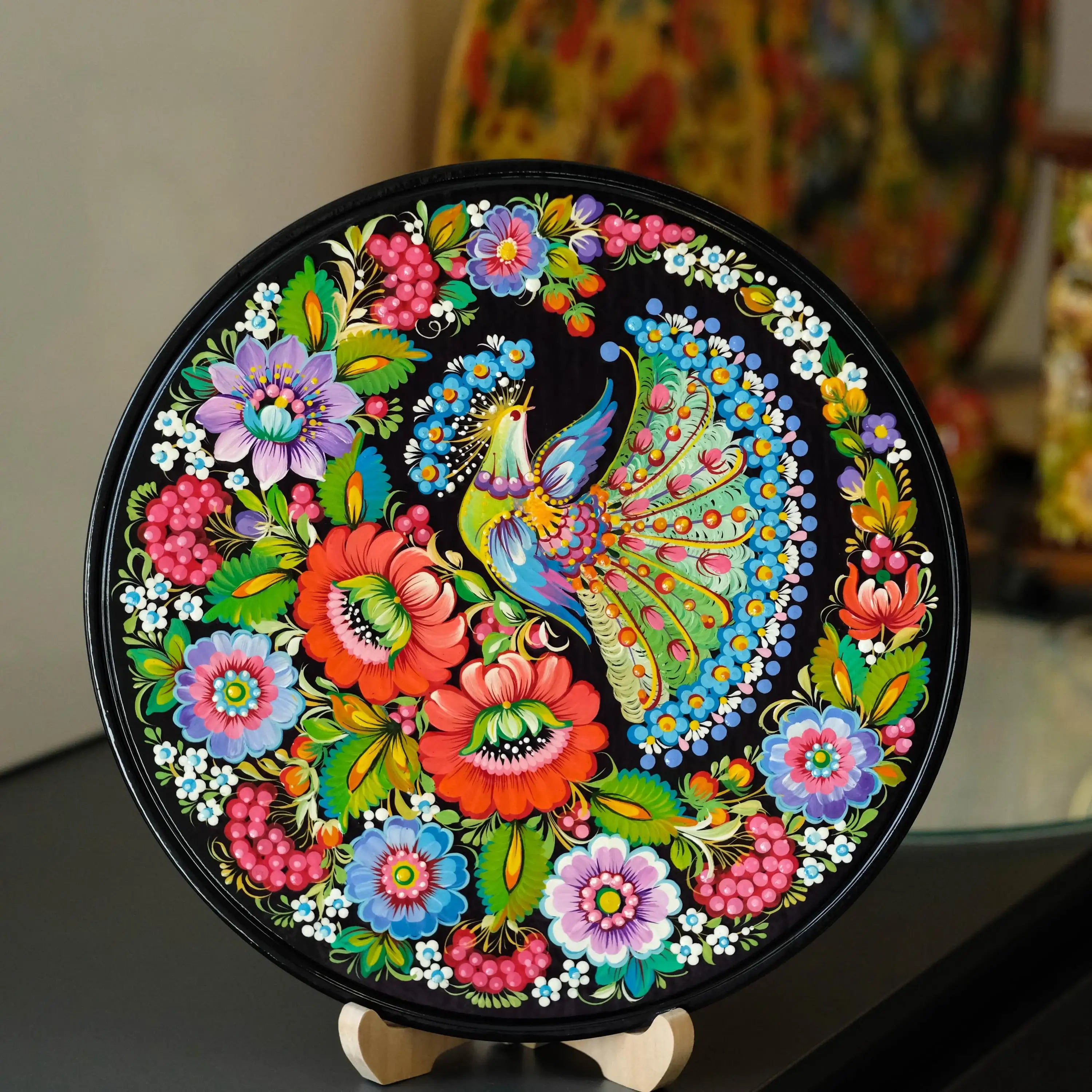 Large Wooden Decorative Plate with Petrykivka Art - Hand-painted Fairy Bird Ukrainian Wall Plate