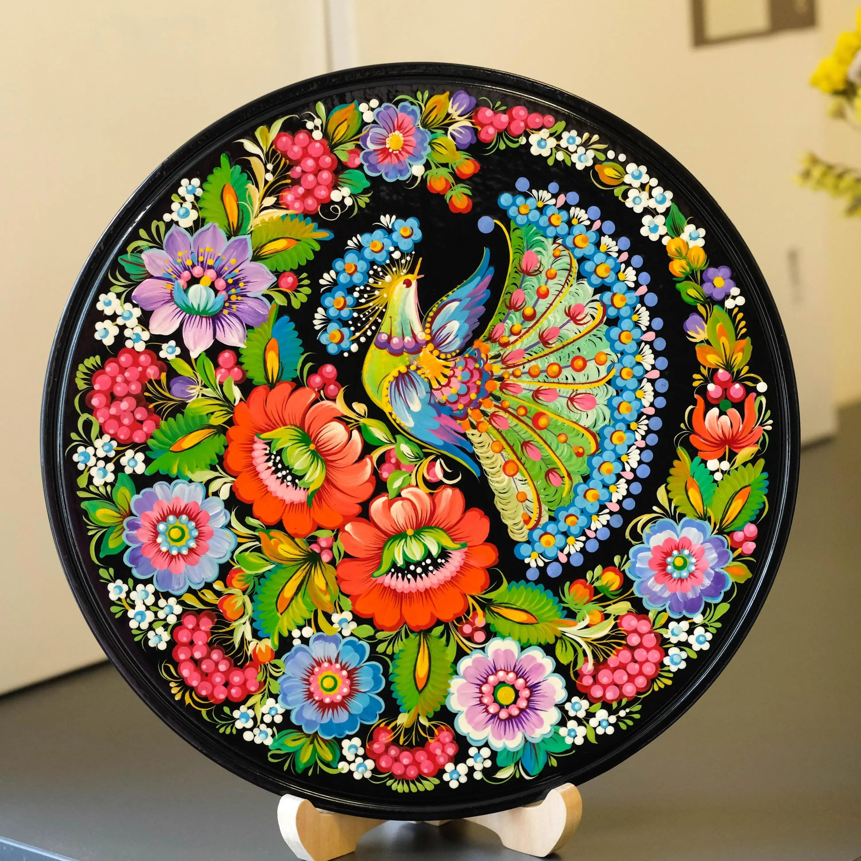 Large Wooden Decorative Plate with Petrykivka Art - Hand-painted Fairy Bird Ukrainian Wall Plate