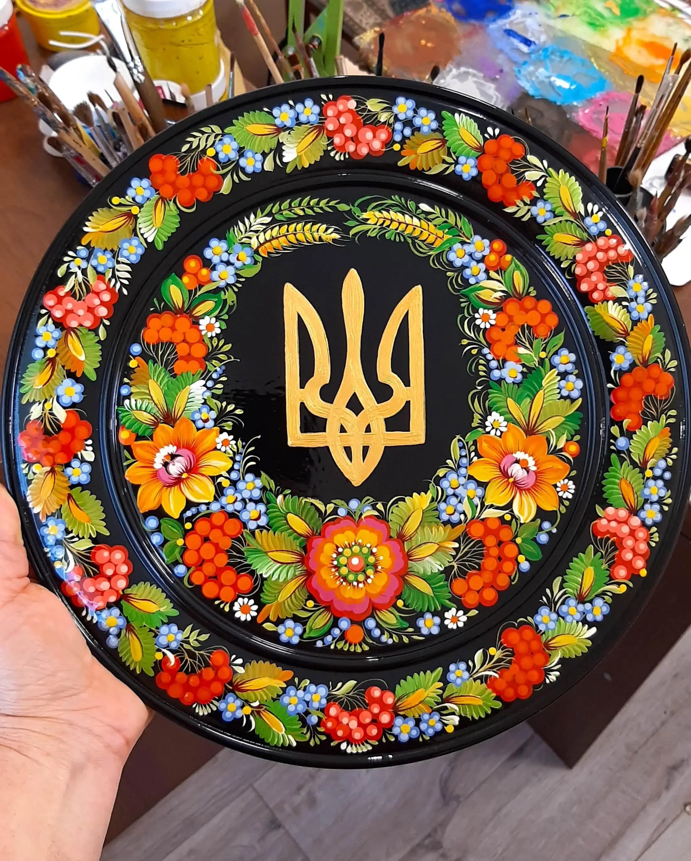 Painted Wooden Decorative Plate with Ukrainian Trident 11.8 in, Petrykivka Art