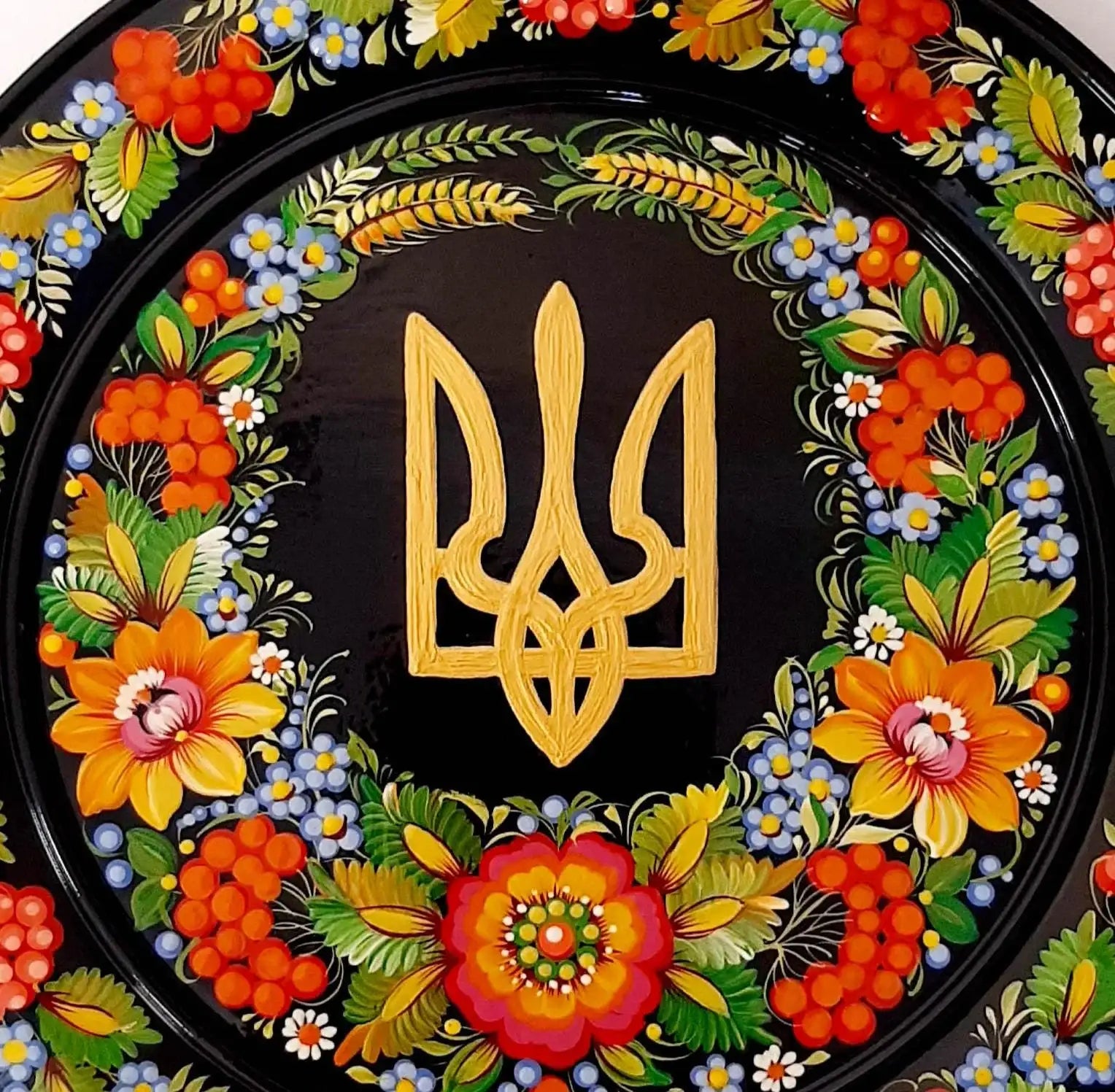Painted Wooden Decorative Plate with Ukrainian Trident 11.8 in, Petrykivka Art
