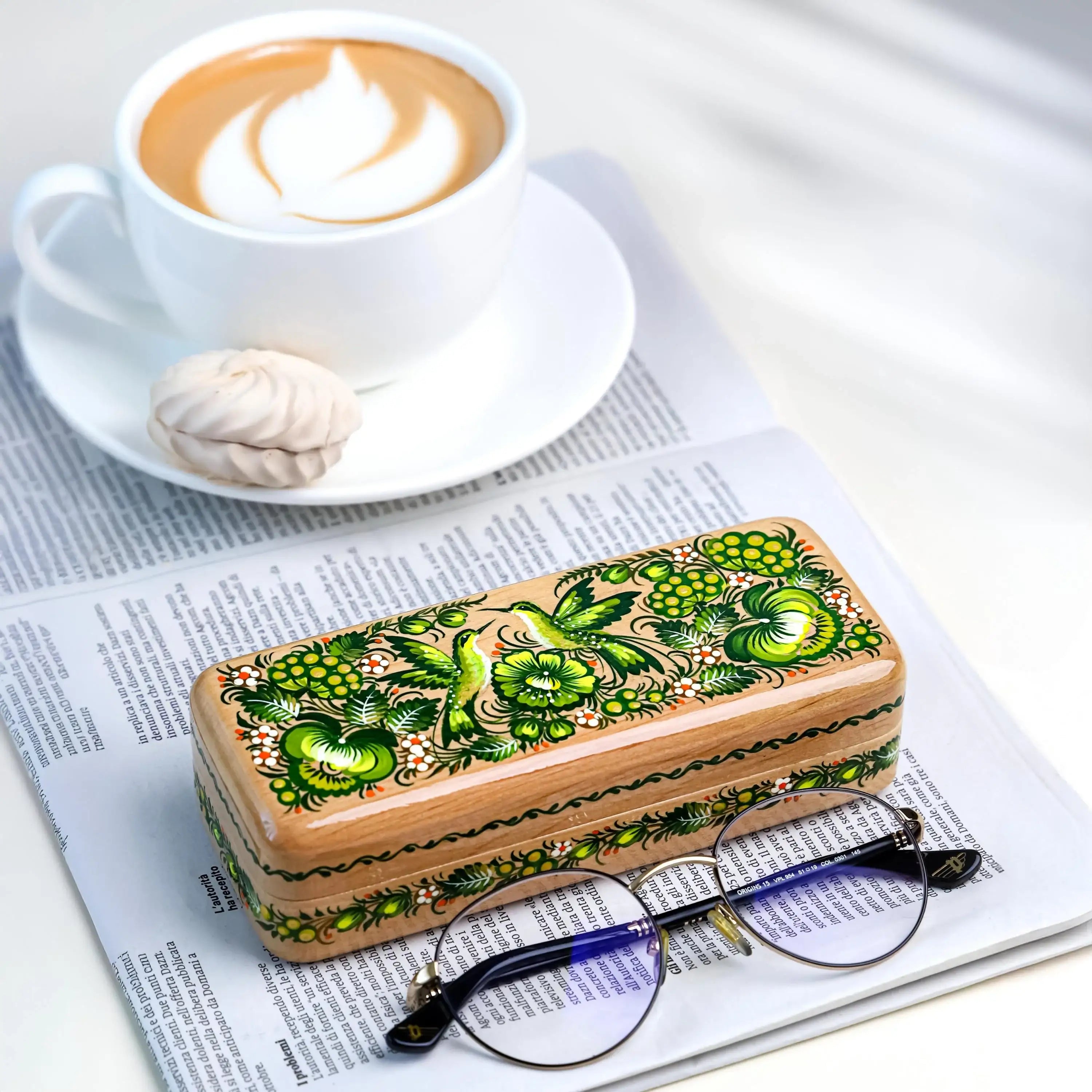 Hand-painted Wooden Glasses Case - Personalized Hummingbird Eyeglass Holder, Ukrainian Petrykivka Folk Art Gift for Readers