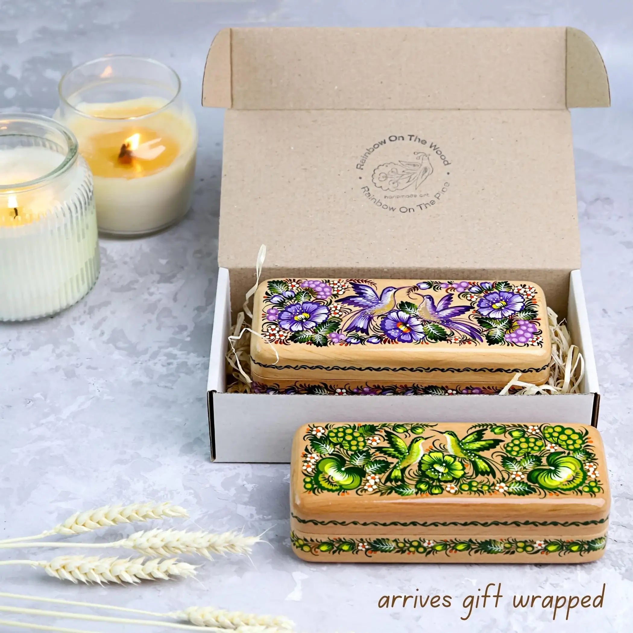 Hand-painted Wooden Glasses Case - Personalized Hummingbird Eyeglass Holder, Ukrainian Petrykivka Folk Art Case, High End Handmade Gift