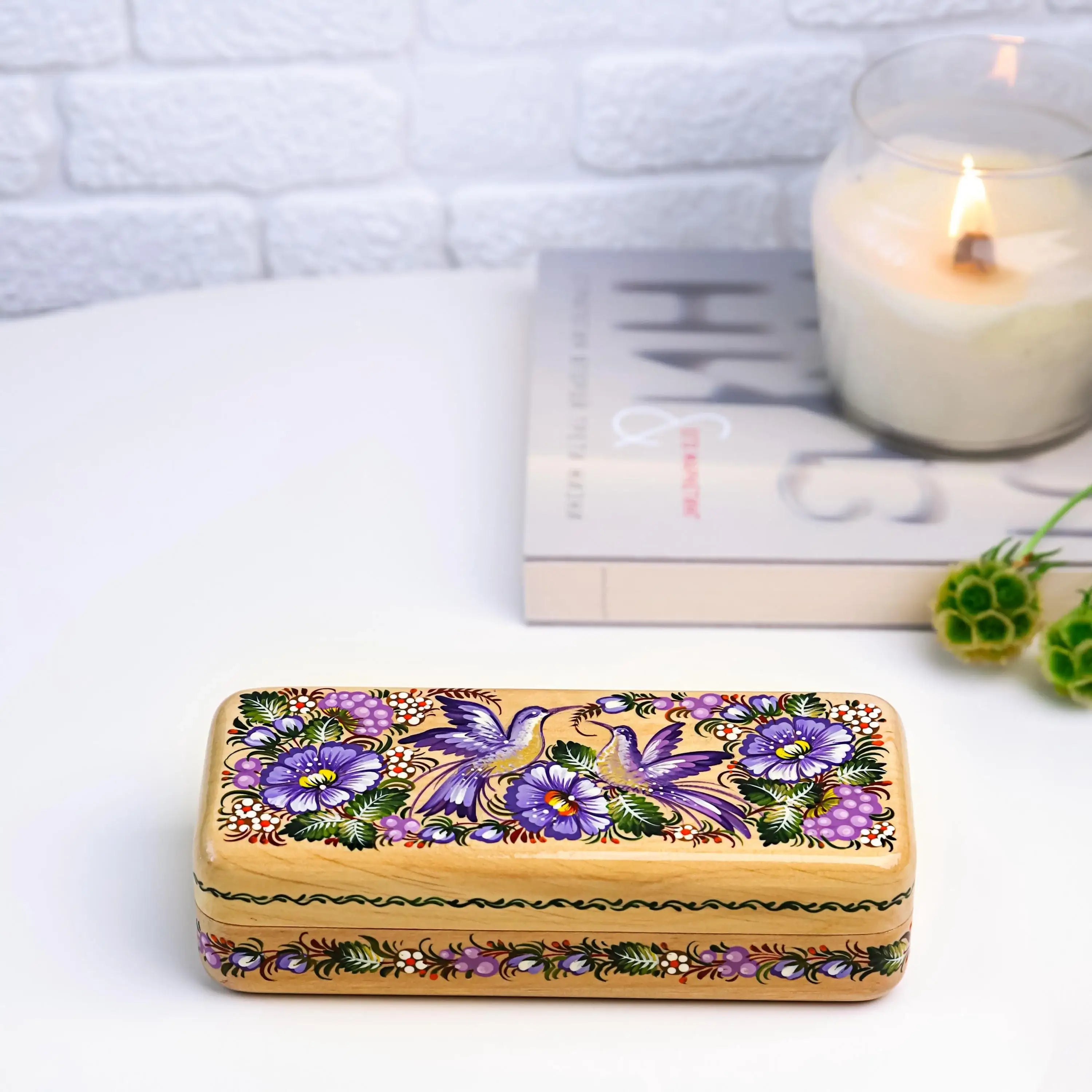 Hand-painted Wooden Glasses Case - Personalized Hummingbird Eyeglass Holder, Ukrainian Petrykivka Folk Art Case, High End Handmade Gift