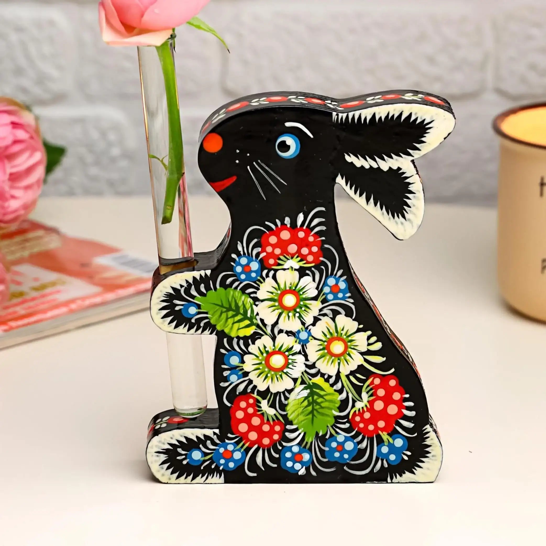 Painted Wooden Propagation Station - Handmade Rabbit & Heart-shaped Propagation Station with Glass Test Tube, Ukrainian Petrykivka Gift