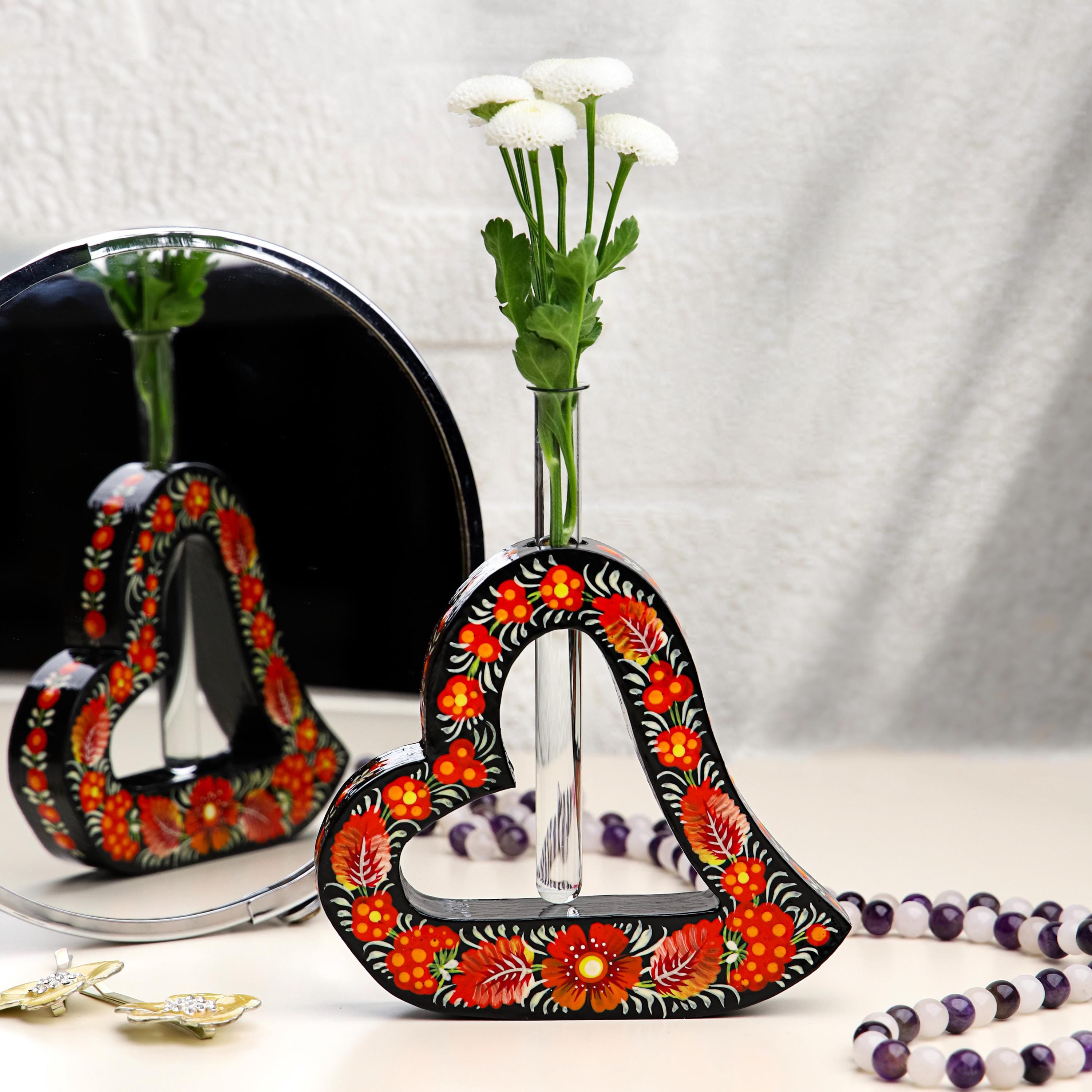 Painted Wooden Heart Propagation Station - Ukrainian Petrykivka Folk Art Bud Vase - Handmade Rooting Tube Planter, Plant Lover Gift