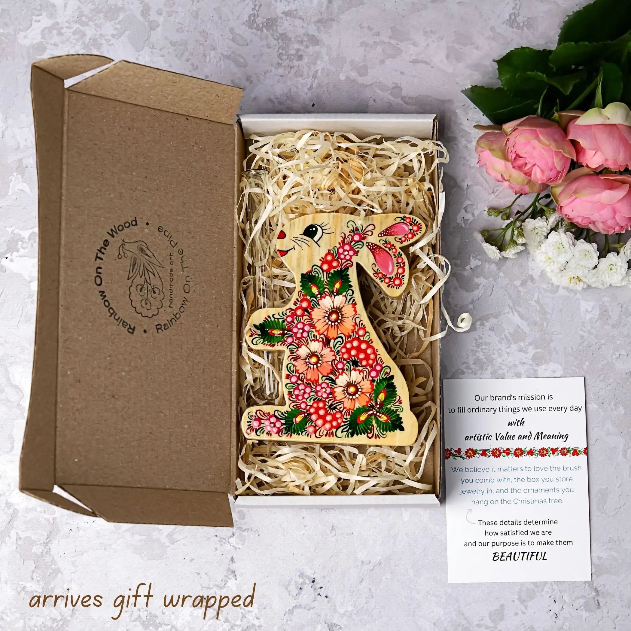 Painted Propagation Station - Wooden Bunny Ukrainian Petrykivka Bud Vase - Handmade Rooting Tube Planter - Pink Flower Plant Lover Gift