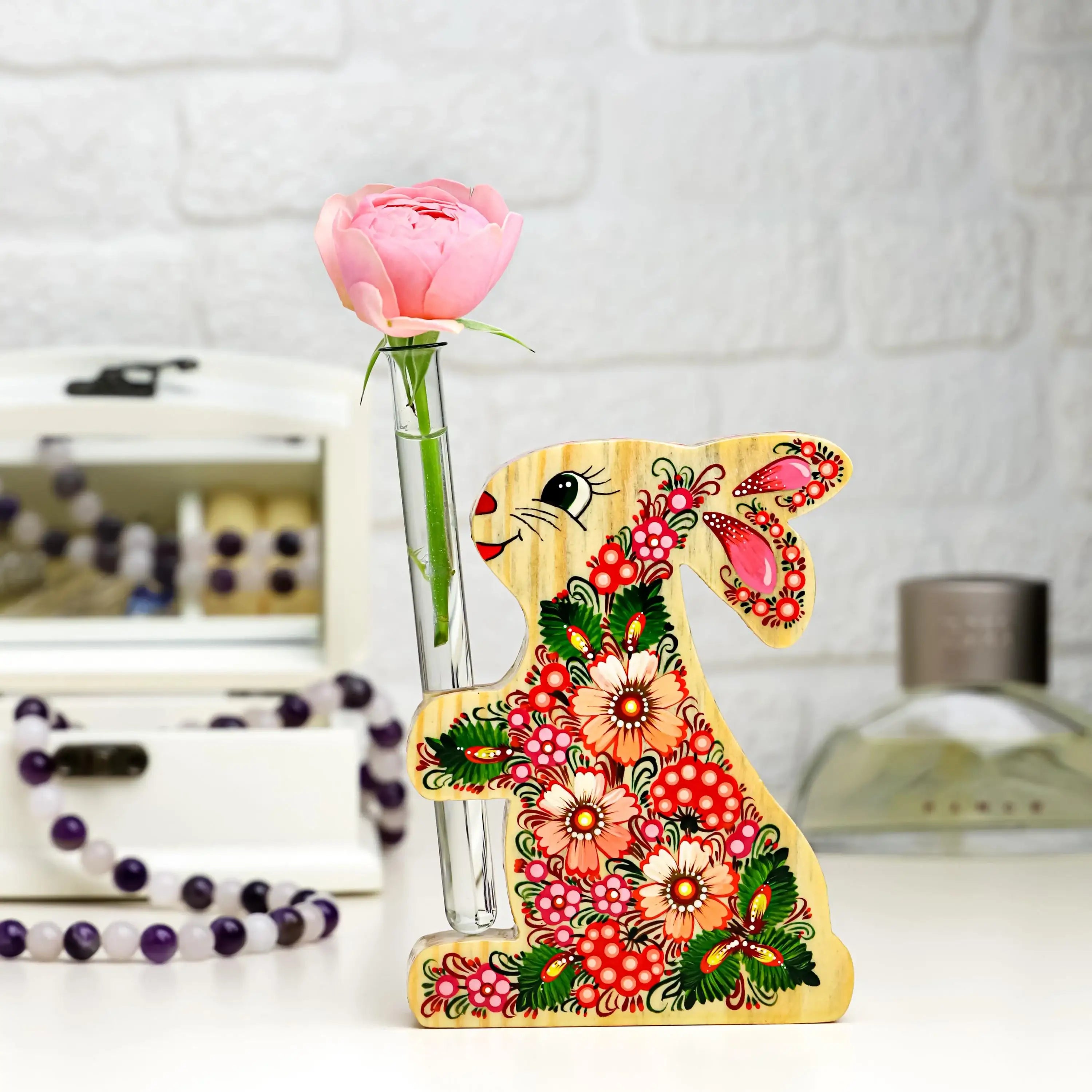 Painted Propagation Station - Wooden Bunny Ukrainian Petrykivka Bud Vase - Handmade Rooting Tube Planter - Pink Flower Plant Lover Gift