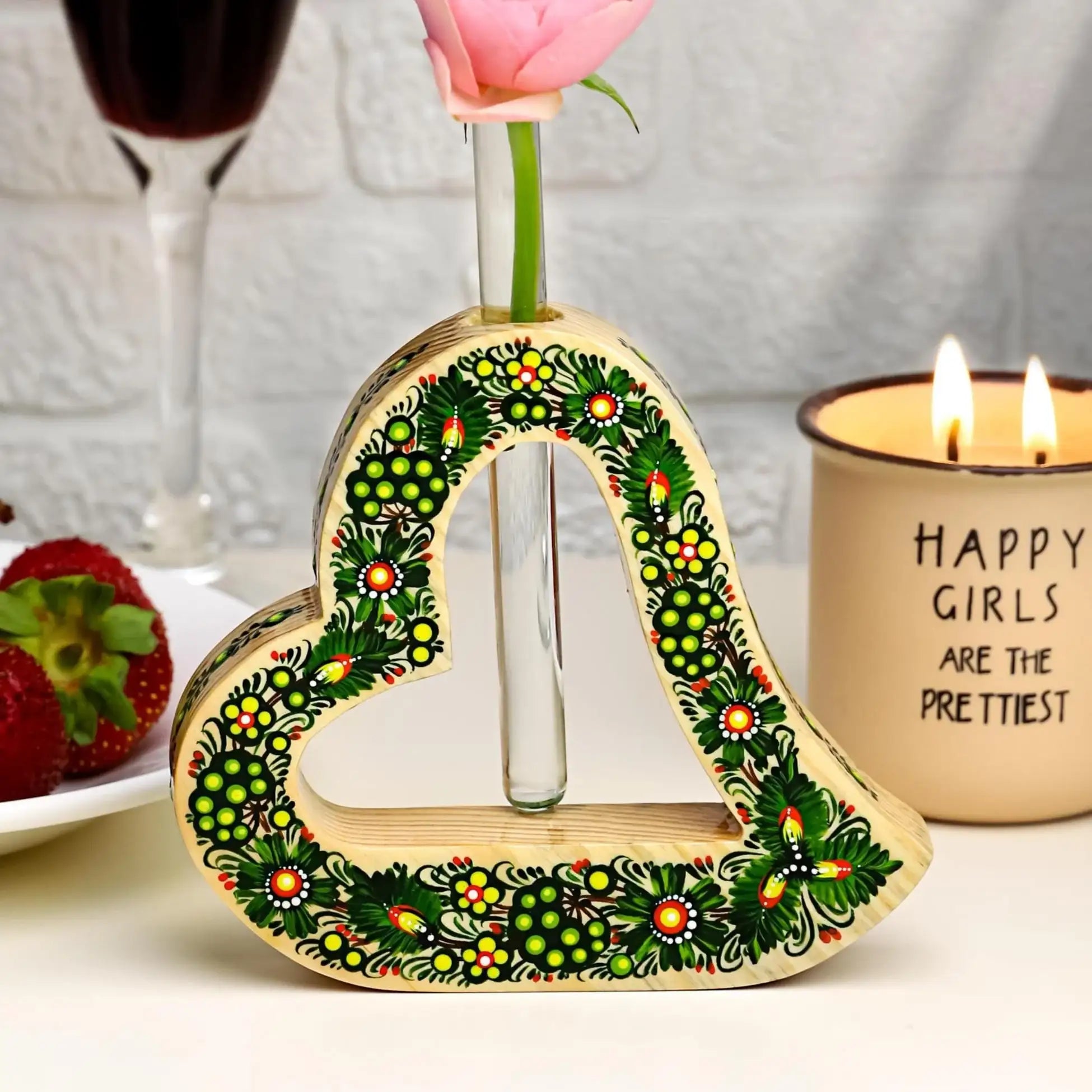 Painted Propagation Station - Ukrainian Petrykivka Bud Vase - Green Wooden Heart Decor - Handmade Rooting Tube Planter - Plant Lover Gift