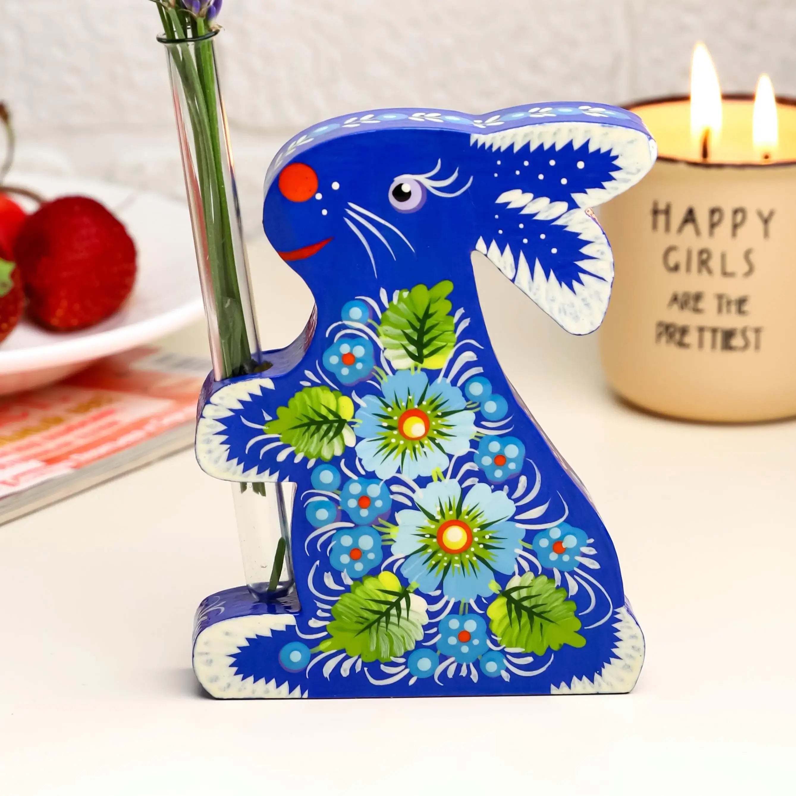 Painted Propagation Station - Wooden Bunny Holding Tube, Ukrainian Petrykivka Bud Vase - Handmade Rooting Tube Planter - Plant Lover Gift