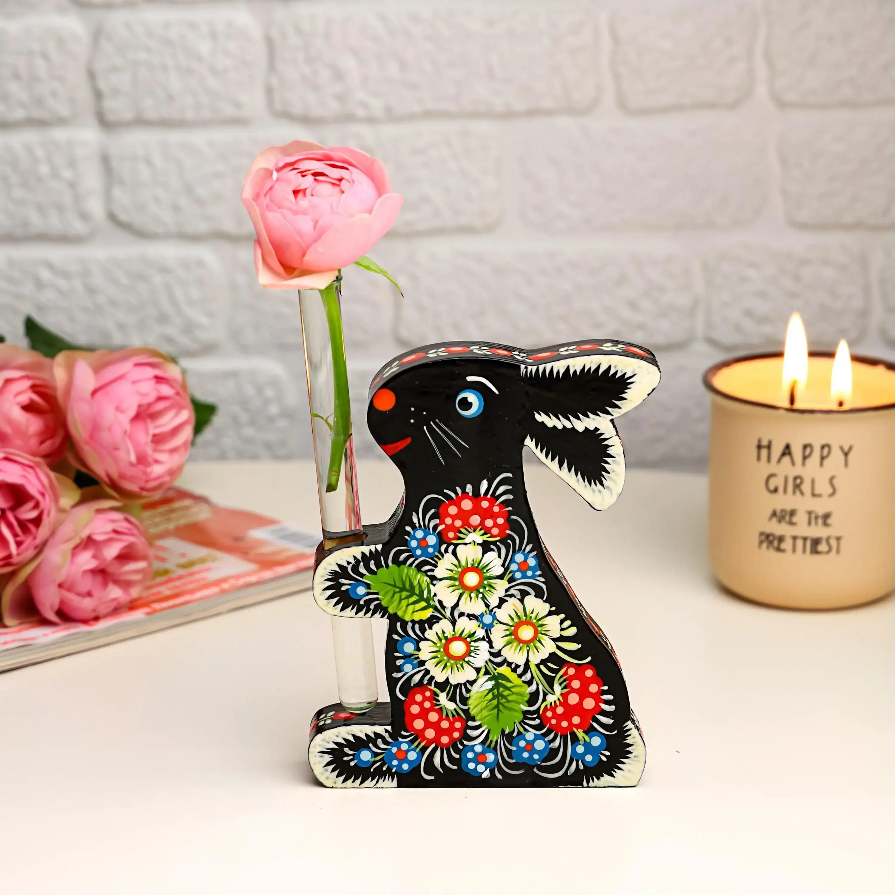 Painted Propagation Station - Wooden Bunny Holding Tube, Ukrainian Petrykivka Bud Vase - Handmade Rooting Tube Planter - Plant Lover Gift