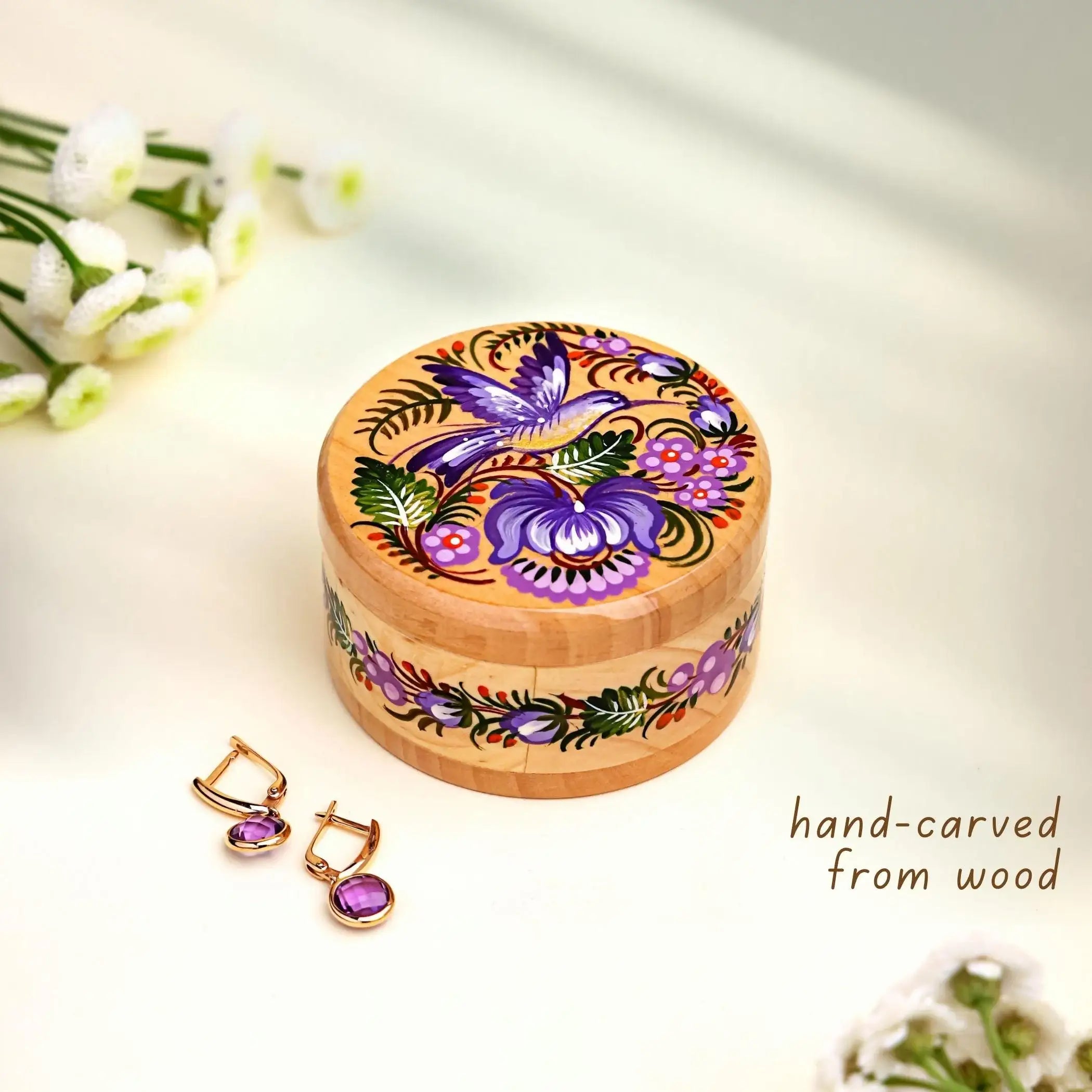 Hand-painted Wooden Hummingbird Jewelry Box with Lid - Ukrainian Petrykivka Art Small Wooden Box - Handmade Red Bird and Flower Box