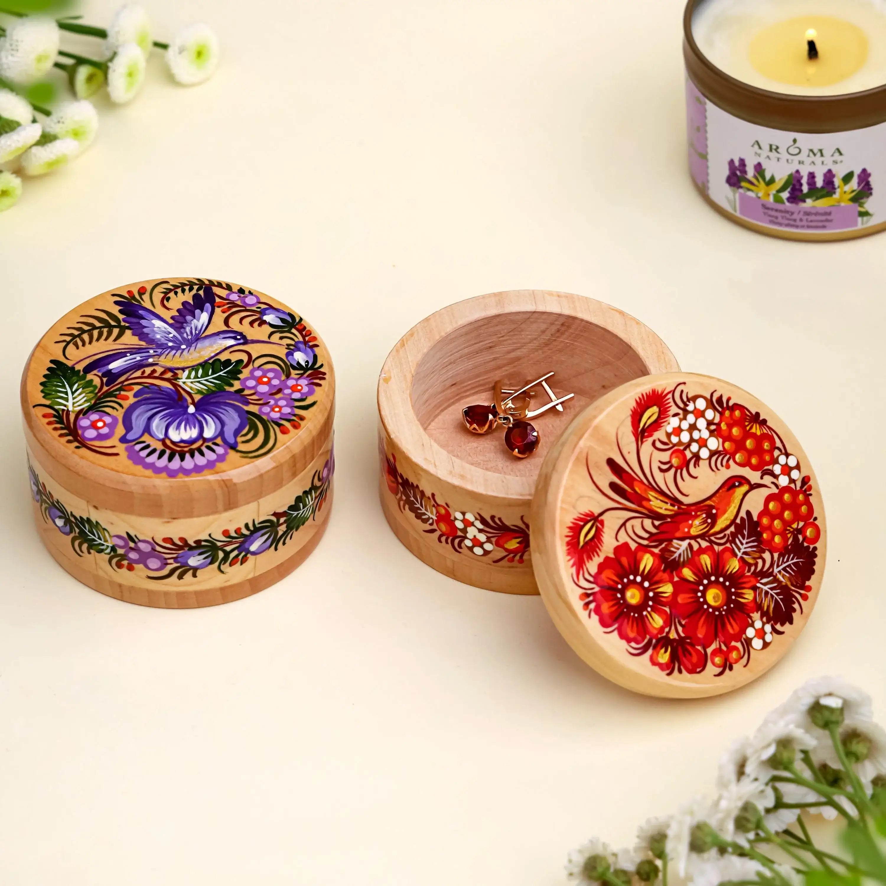 Hand-painted Wooden Hummingbird Jewelry Box with Lid - Ukrainian Petrykivka Art Small Wooden Box - Handmade Red Bird and Flower Box