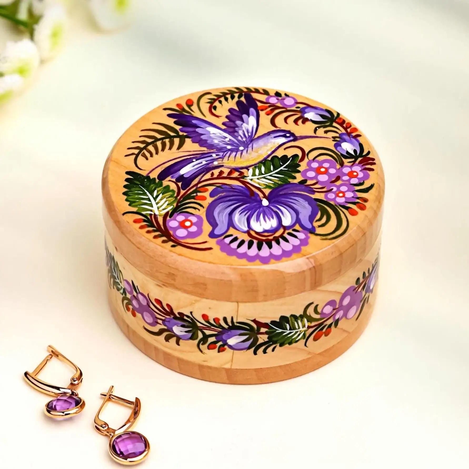 Hand-painted Wooden Hummingbird Jewelry Box with Lid - Ukrainian Petrykivka Art Small Wooden Box - Handmade Red Bird and Flower Box
