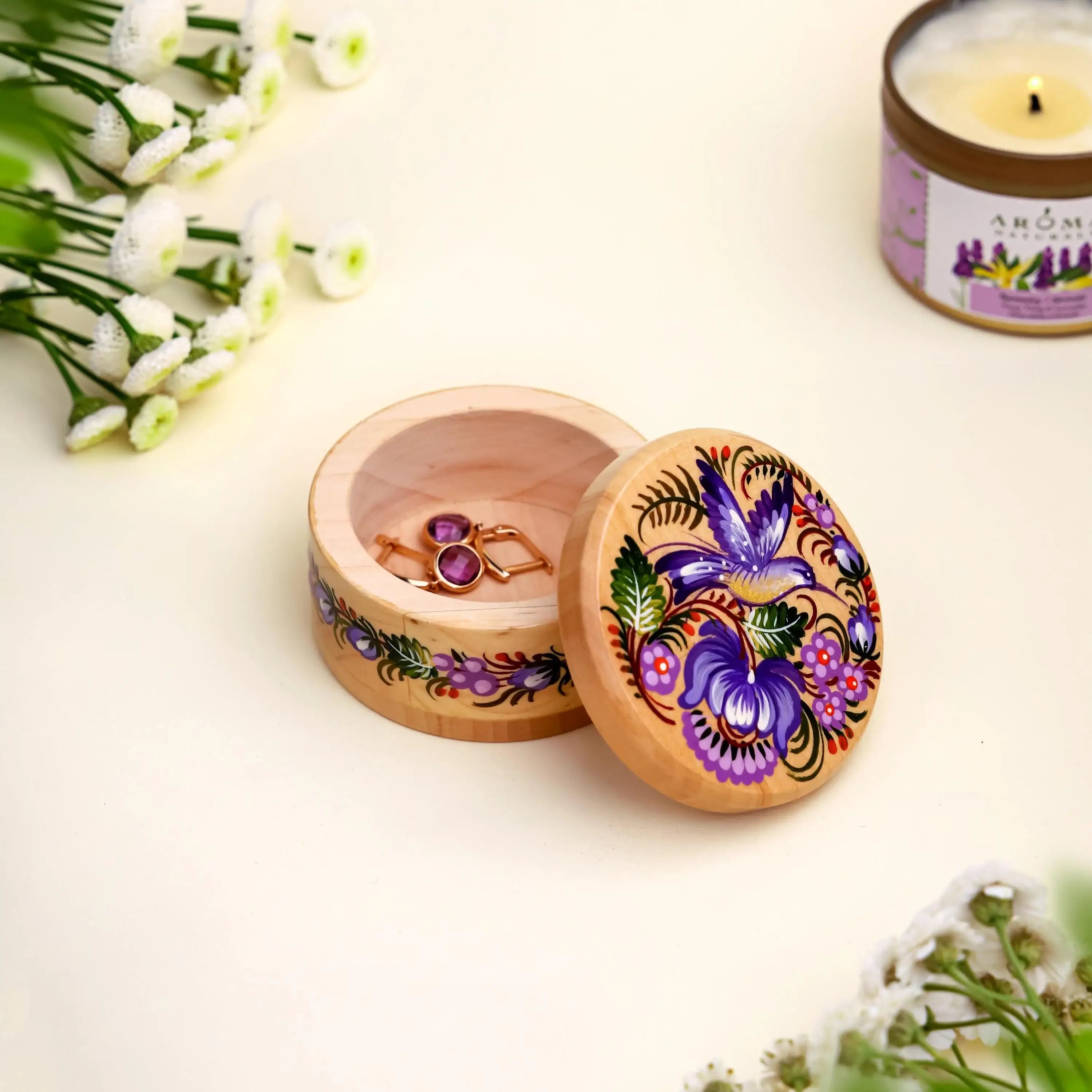 Painted Wooden Hummingbird Jewelry Box - Ukrainian Petrykivka Art Small Wooden Box with Lid - Handmade Purple Bird and Flower Box