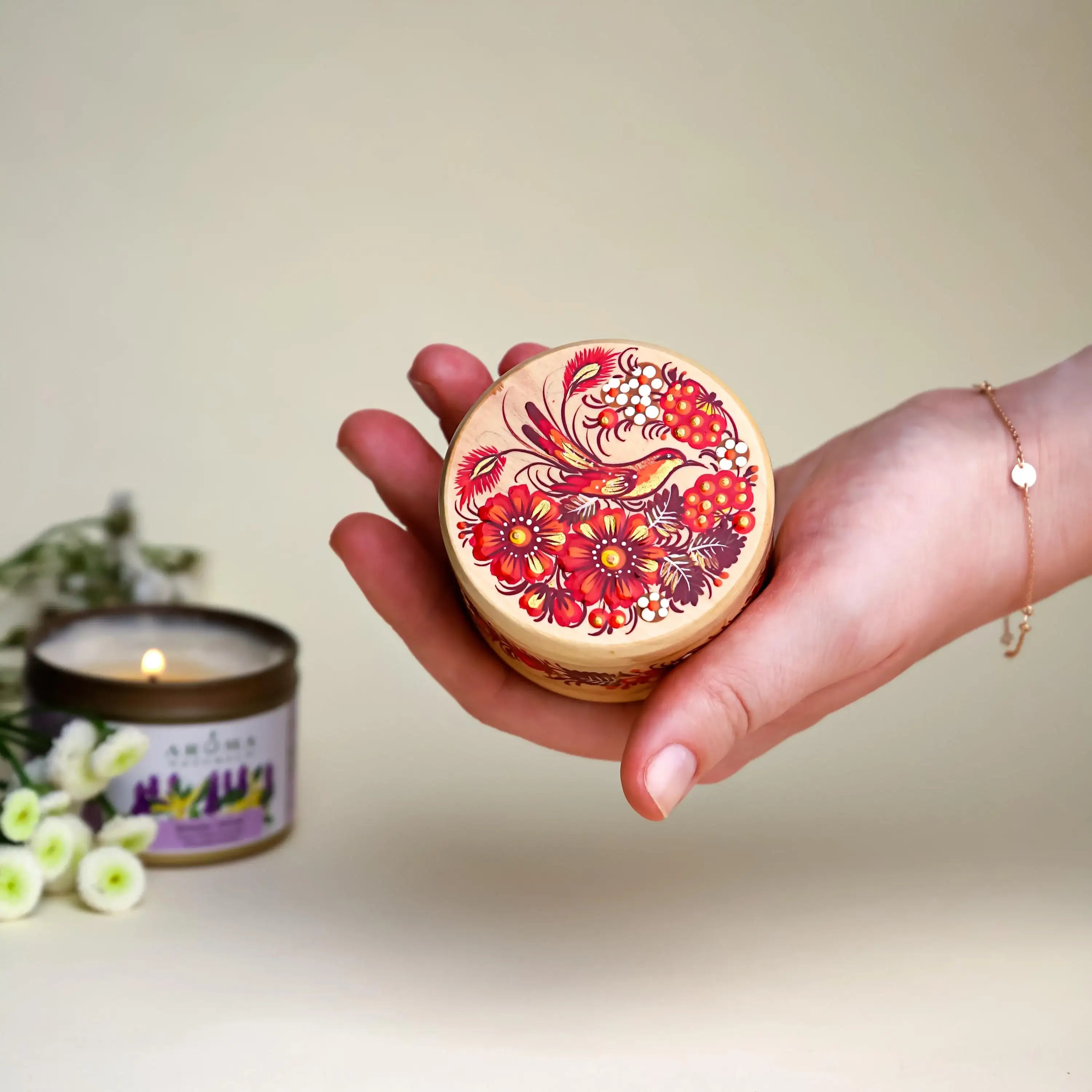 Painted Wooden Hummingbird Jewelry Box - Ukrainian Petrykivka Art Small Wooden Box with Lid - Handmade Purple Bird and Flower Box