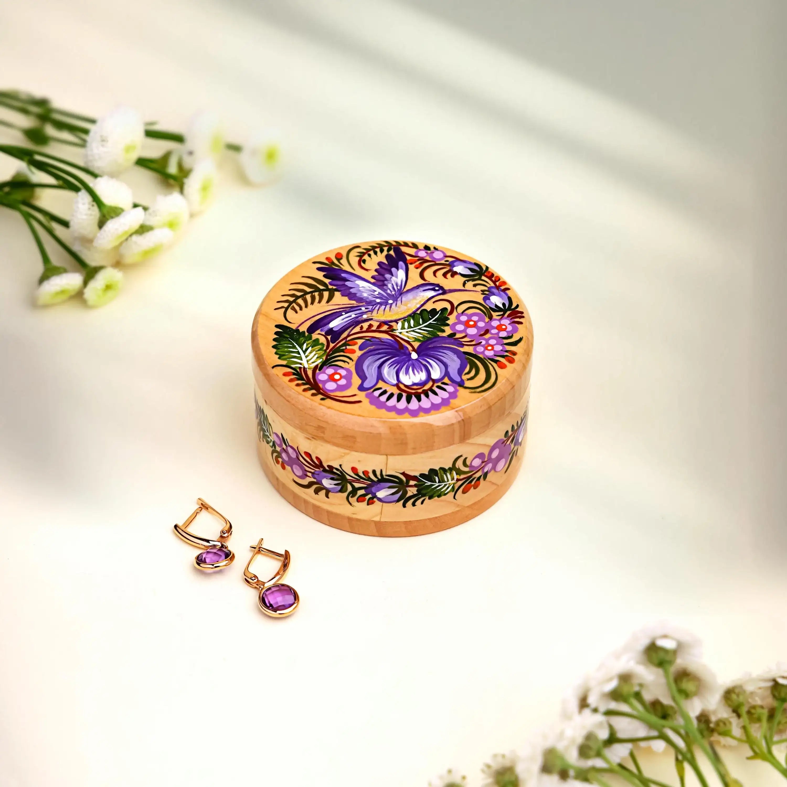 Painted Wooden Hummingbird Jewelry Box - Ukrainian Petrykivka Art Small Wooden Box with Lid - Handmade Purple Bird and Flower Box