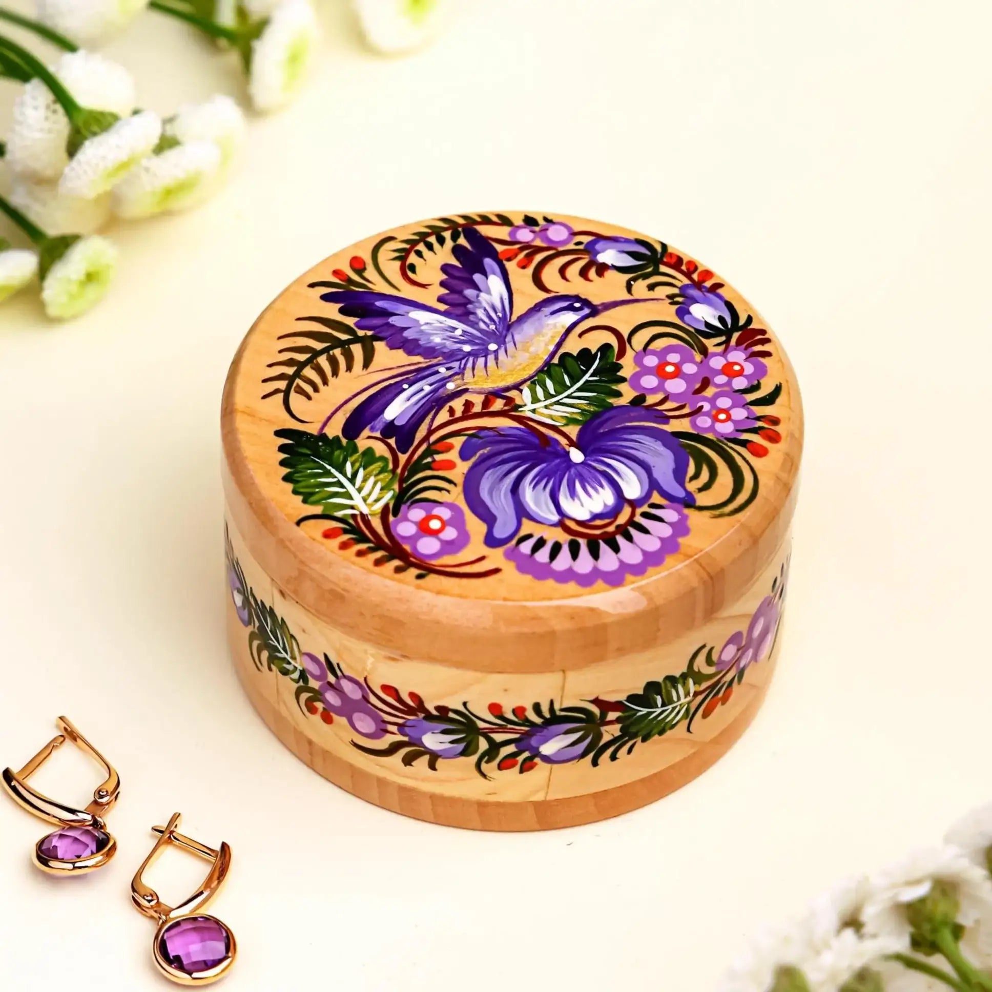 Painted Wooden Hummingbird Jewelry Box - Ukrainian Petrykivka Art Small Wooden Box with Lid - Handmade Purple Bird and Flower Box