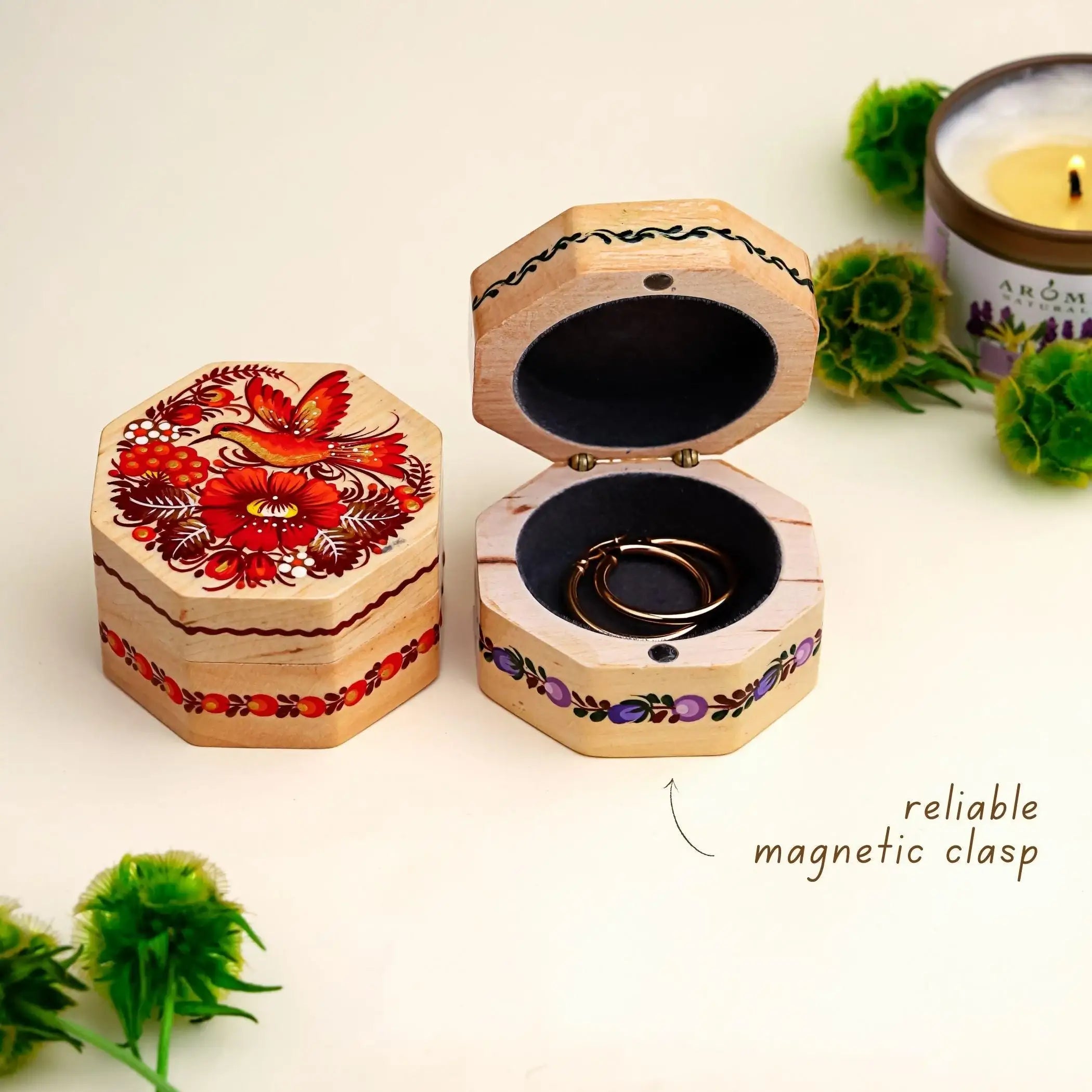 Painted Wooden Hummingbird Jewelry Box - Handmade Ukrainian Petrykivka Box, Purple Flower Octagon Box, Small Flocked Interior Keepsake Box