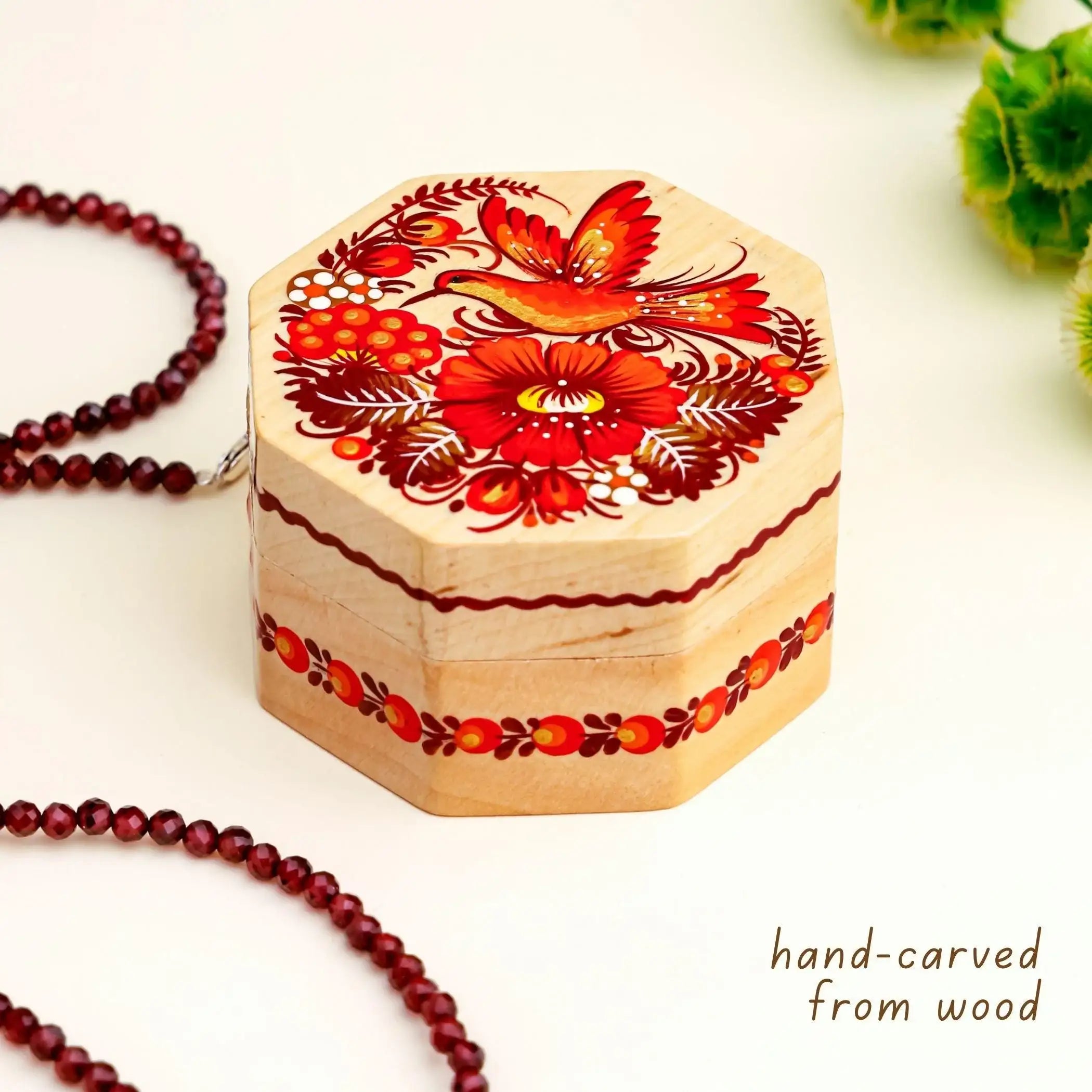 Painted Wooden Hummingbird Jewelry Box - Handmade Ukrainian Petrykivka Box, Purple Flower Octagon Box, Small Flocked Interior Keepsake Box