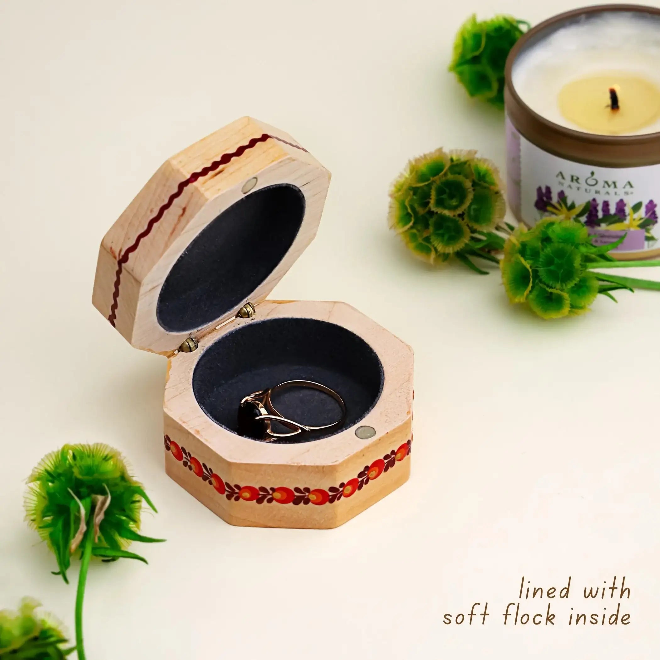 Painted Wooden Hummingbird Jewelry Box - Handmade Ukrainian Petrykivka Box, Purple Flower Octagon Box, Small Flocked Interior Keepsake Box