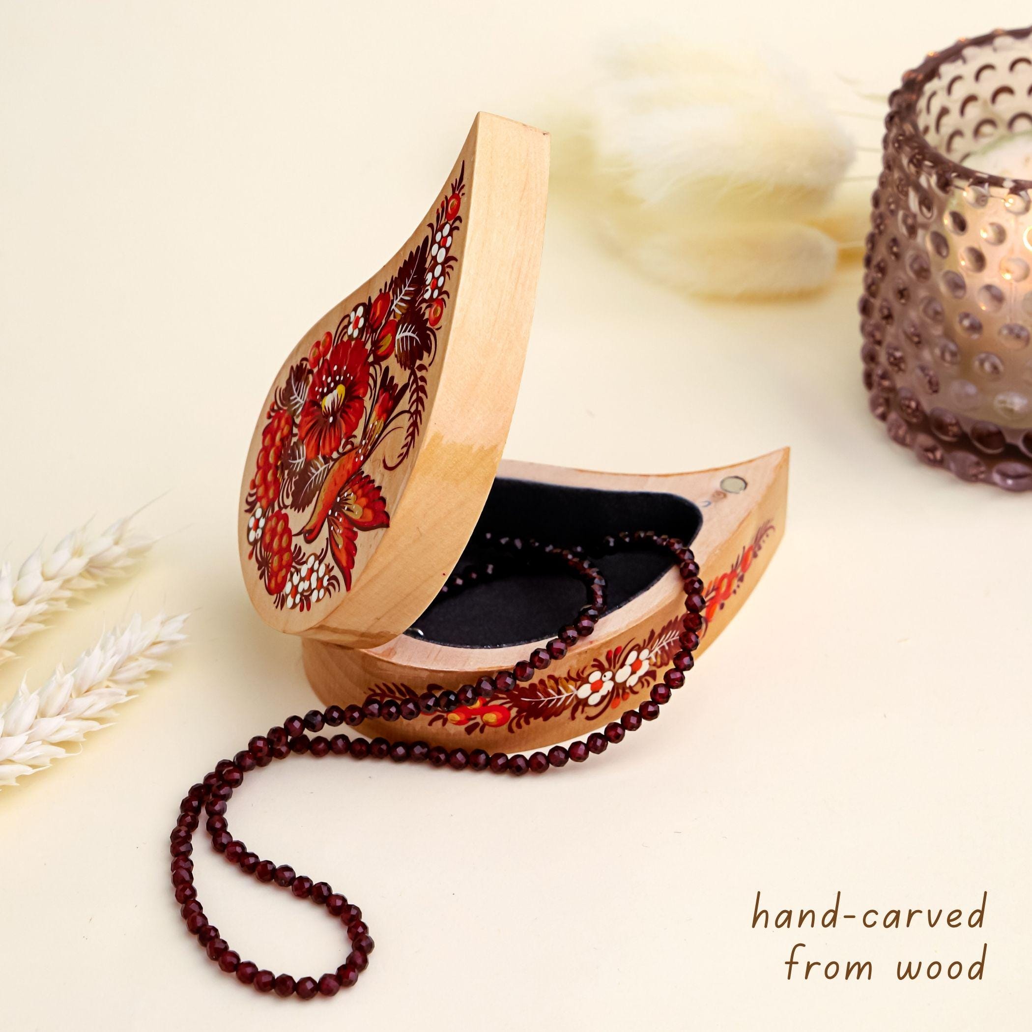 Painted Wooden Hummingbird Jewelry Box - Handmade Ukrainian Petrykivka Box, Flower Bird Curved Drop-shaped Box, Small Flocked Interior Box