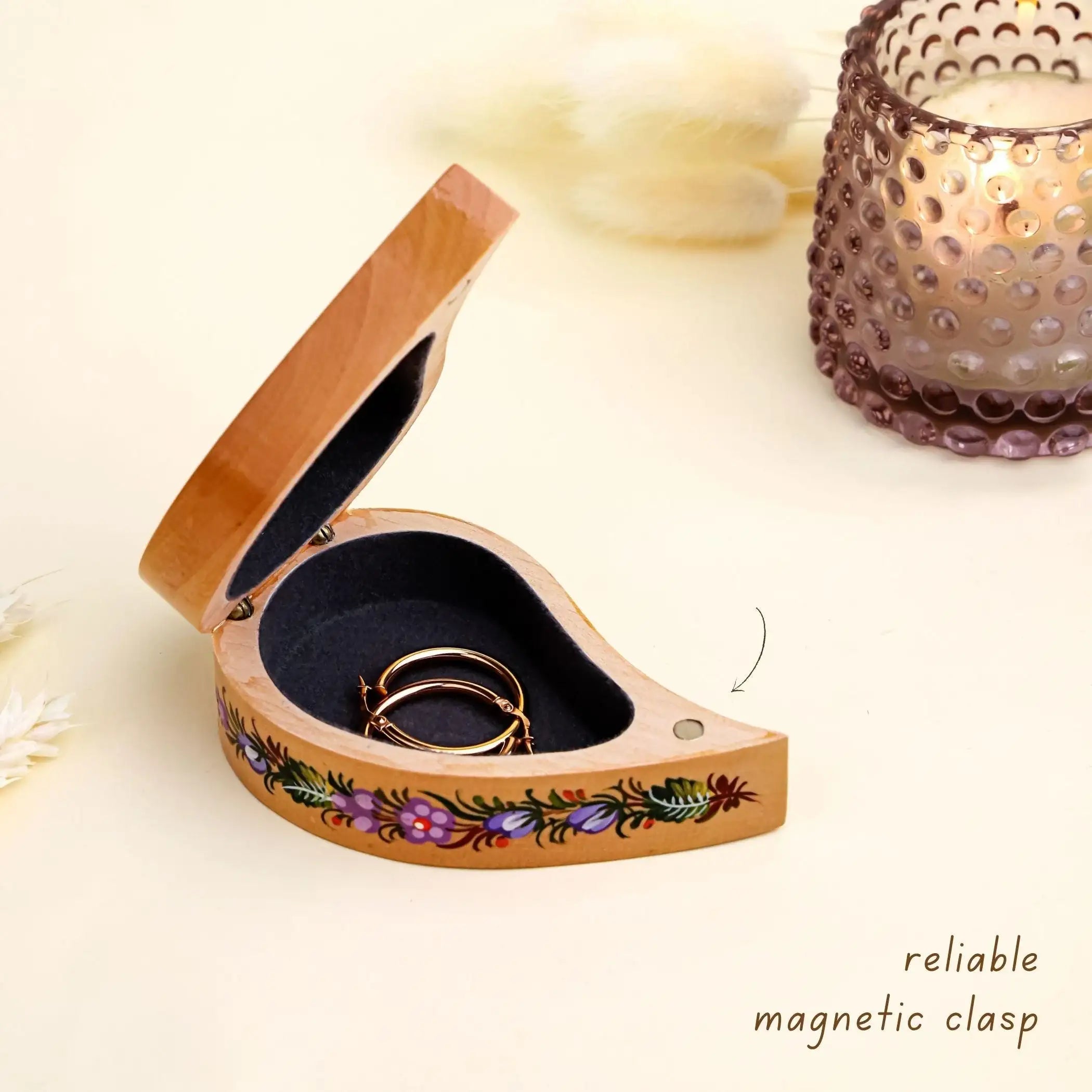 Painted Wooden Hummingbird Jewelry Box - Handmade Ukrainian Petrykivka Box, Flower Bird Curved Drop-shaped Box, Small Flocked Interior Box