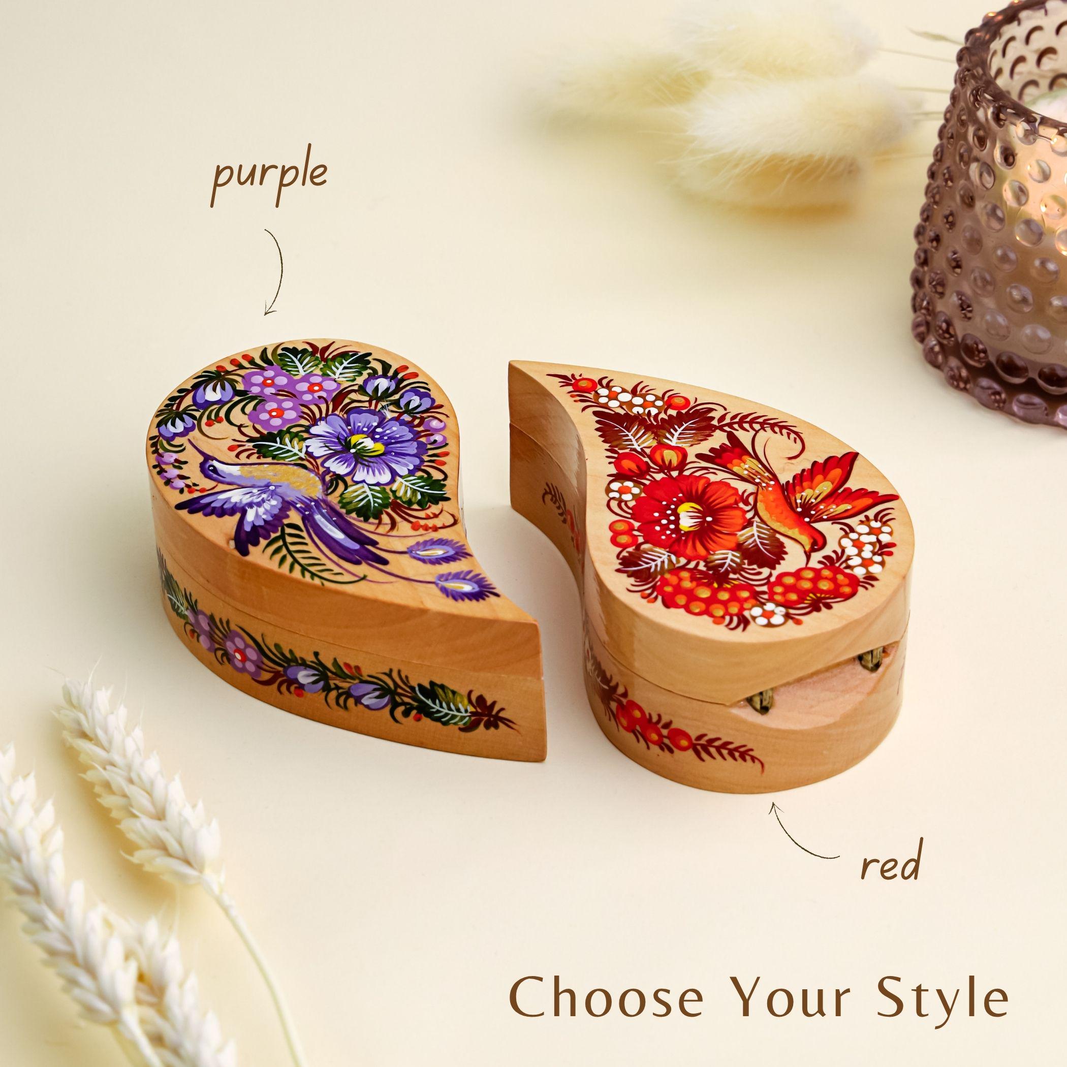 Painted Wooden Hummingbird Jewelry Box - Handmade Ukrainian Petrykivka Box, Flower Bird Curved Drop-shaped Box, Small Flocked Interior Box