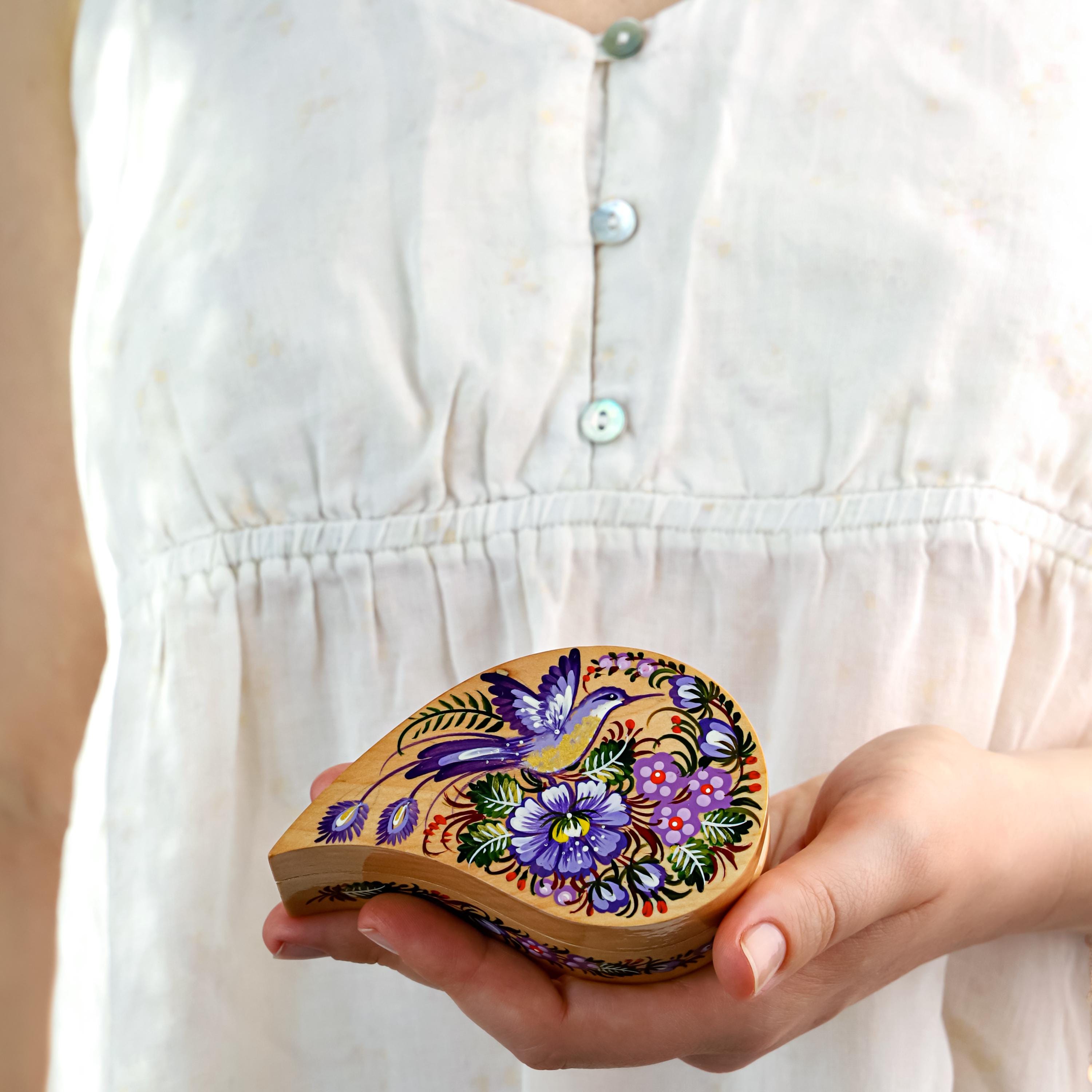 Painted Wooden Hummingbird Jewelry Box - Handmade Ukrainian Petrykivka Box, Flower Bird Curved Drop-shaped Box, Small Flocked Interior Box