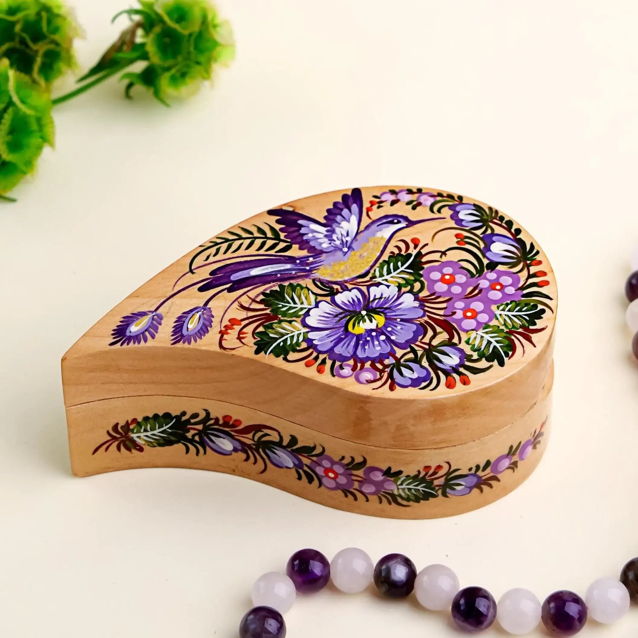 Painted Wooden Hummingbird Jewelry Box - Handmade Ukrainian Petrykivka Box, Flower Bird Curved Drop-shaped Box, Small Flocked Interior Box