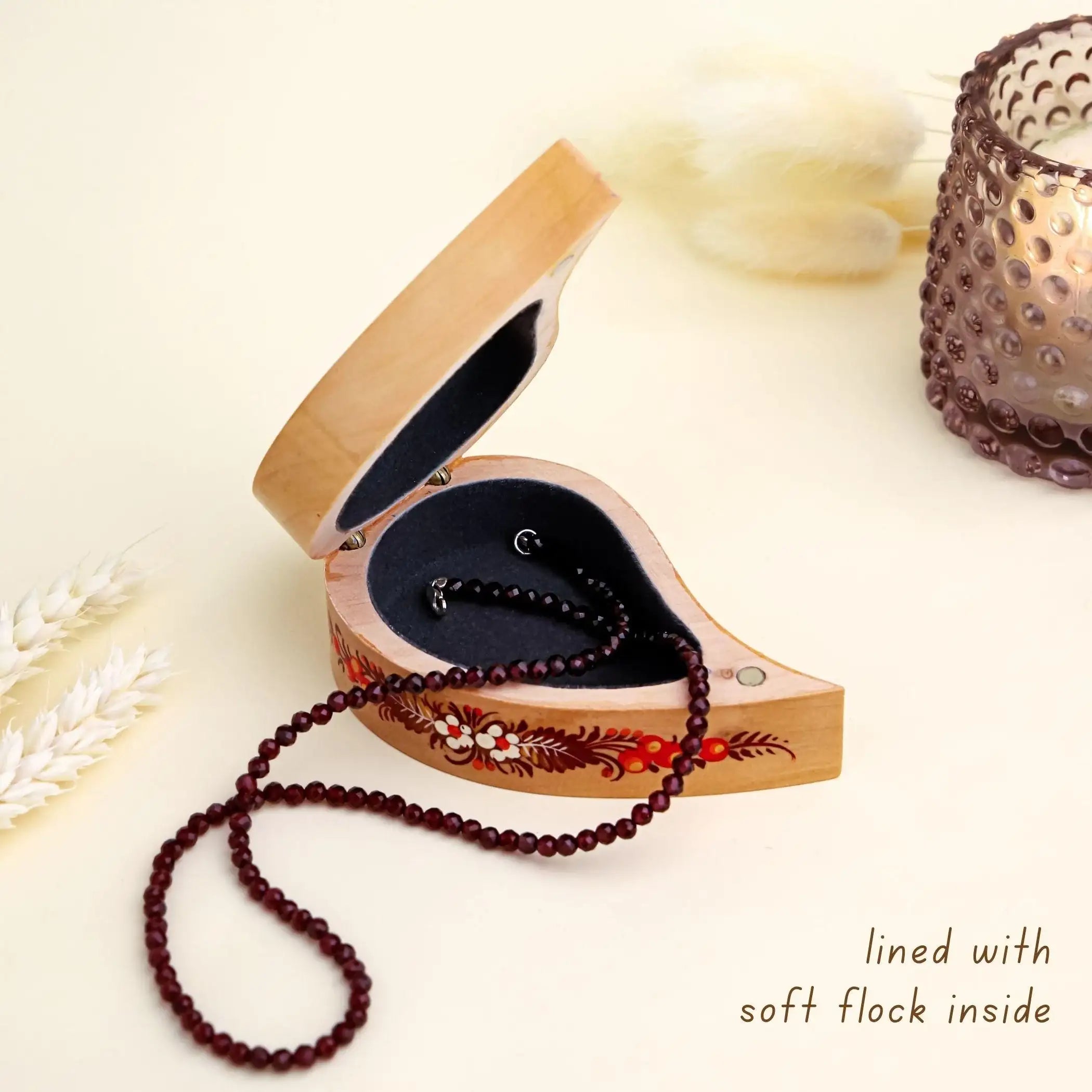 Painted Wooden Hummingbird Jewelry Box - Handmade Ukrainian Petrykivka Box, Purple Flower Leaf-shaped Box, Small Flocked Keepsake Box