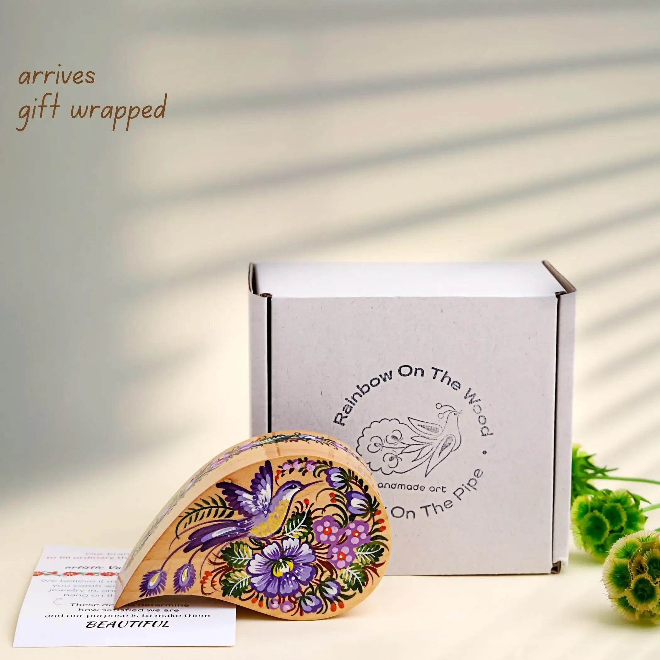 Painted Wooden Hummingbird Jewelry Box - Handmade Ukrainian Petrykivka Box, Purple Flower Leaf-shaped Box, Small Flocked Keepsake Box