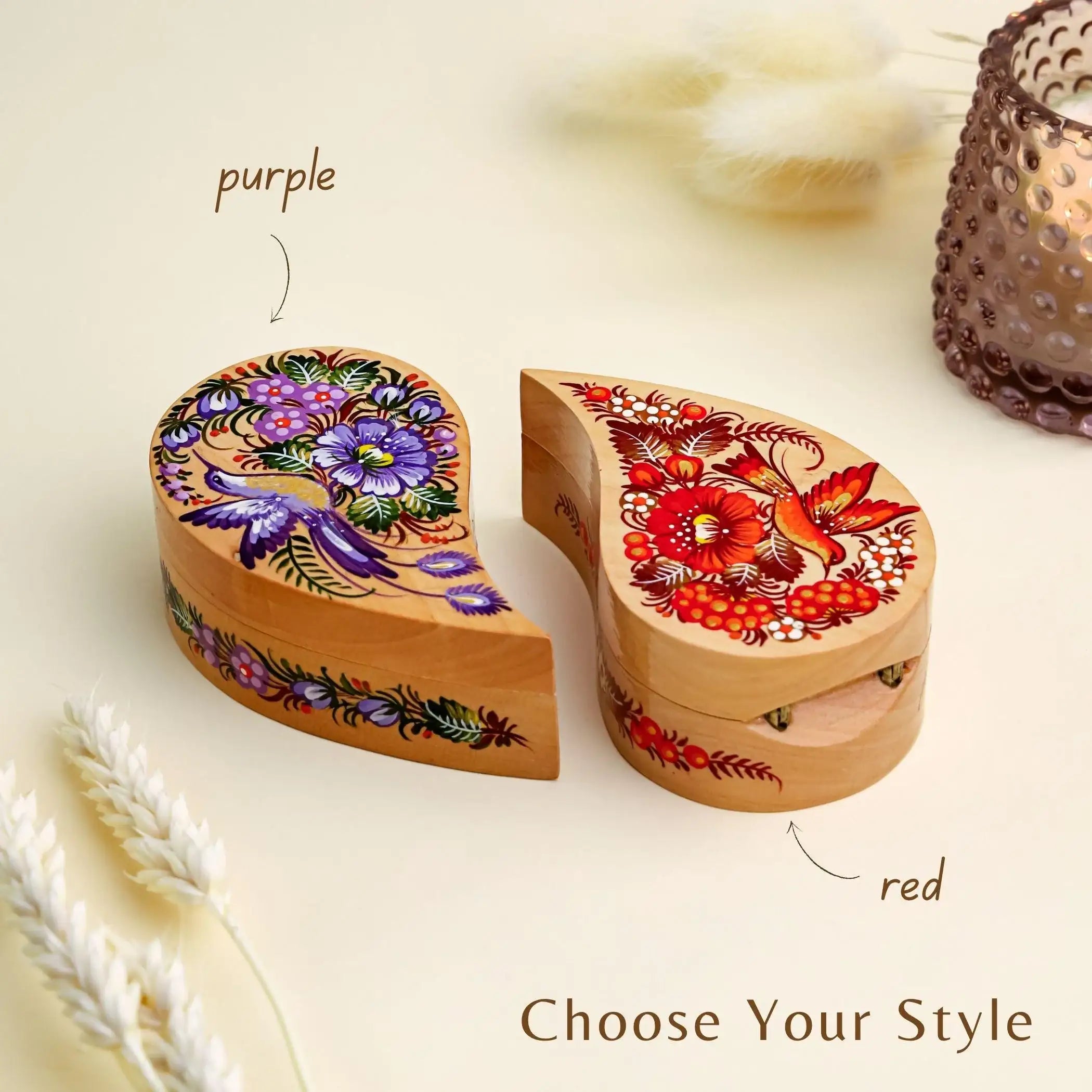 Painted Wooden Hummingbird Jewelry Box - Handmade Ukrainian Petrykivka Box, Purple Flower Leaf-shaped Box, Small Flocked Keepsake Box