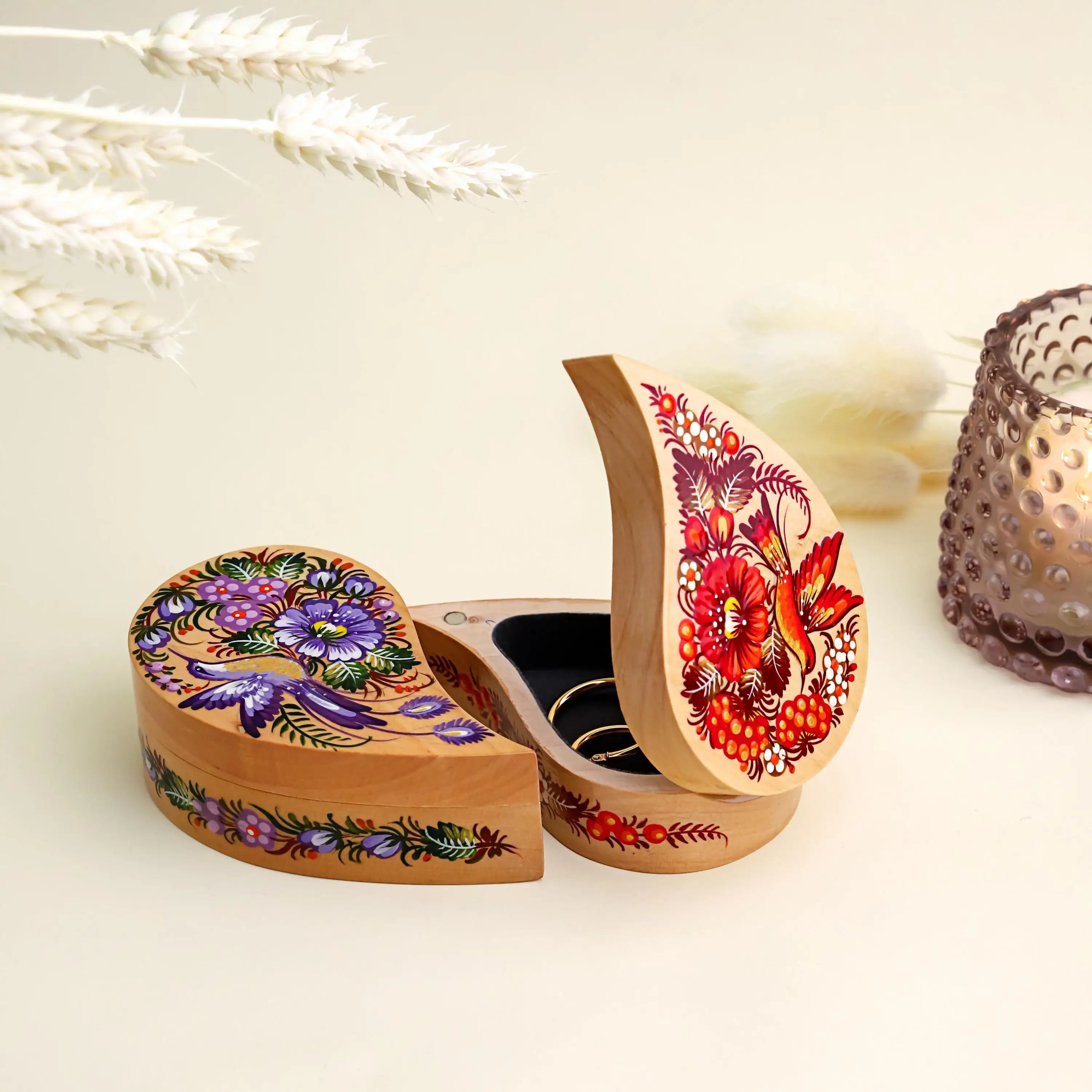 Painted Wooden Hummingbird Jewelry Box - Handmade Ukrainian Petrykivka Box, Purple Flower Leaf-shaped Box, Small Flocked Keepsake Box