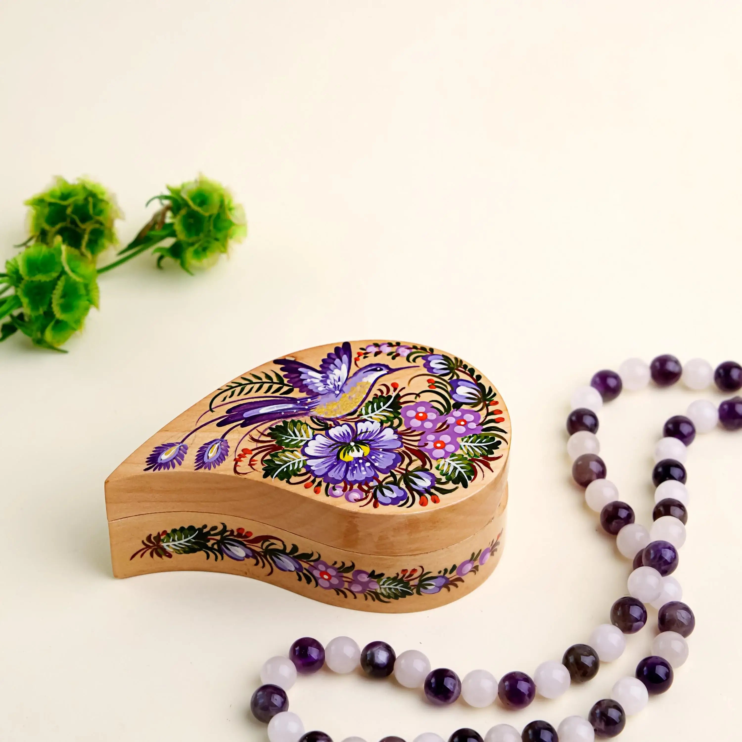 Painted Wooden Hummingbird Jewelry Box - Handmade Ukrainian Petrykivka Box, Purple Flower Leaf-shaped Box, Small Flocked Keepsake Box