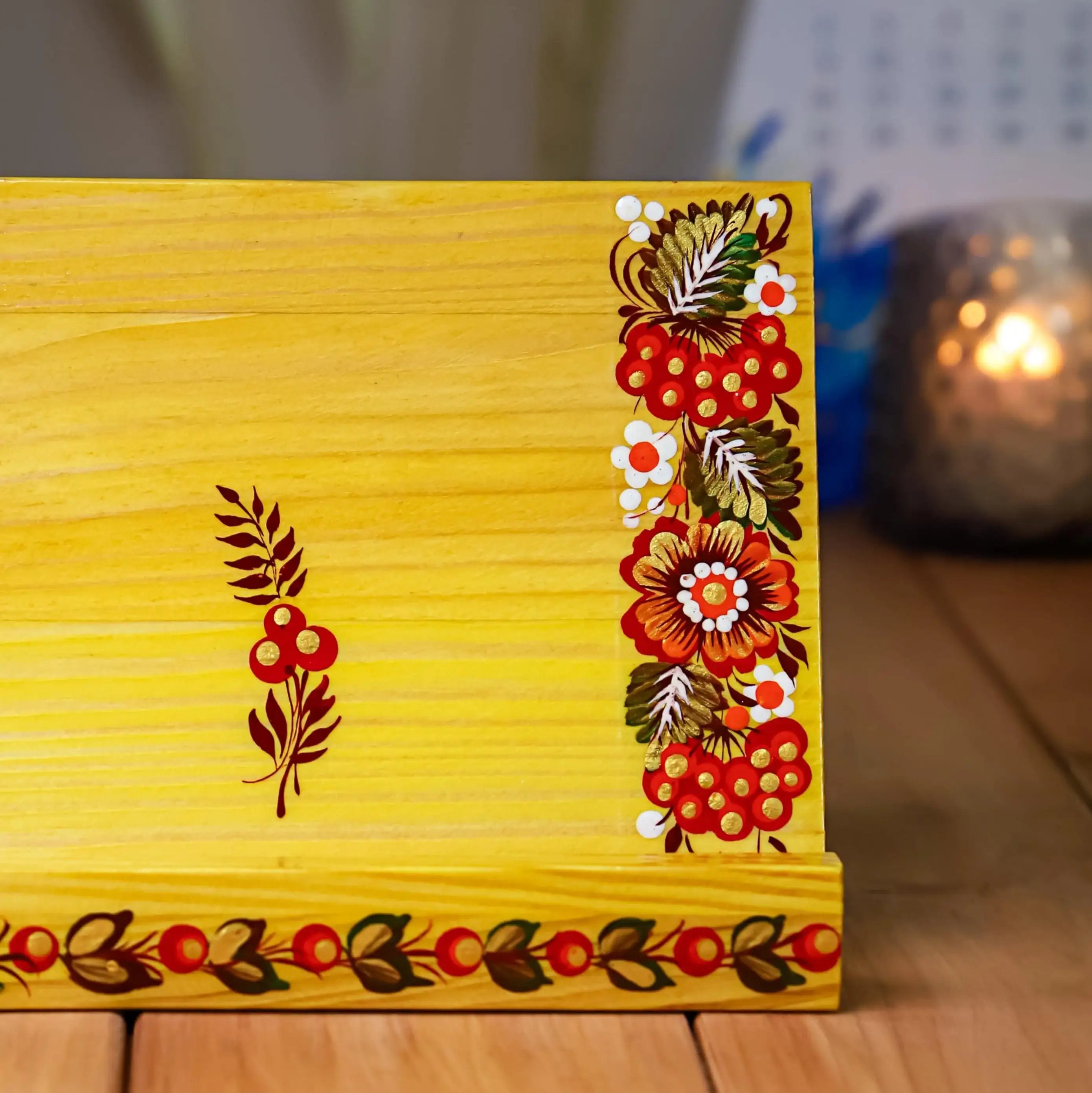 Hand-painted Wooden Phone Stand - Handmade Ukrainian Petrykivka Art Desk Phone Holder, Blue and Purple Flower Desk Decor