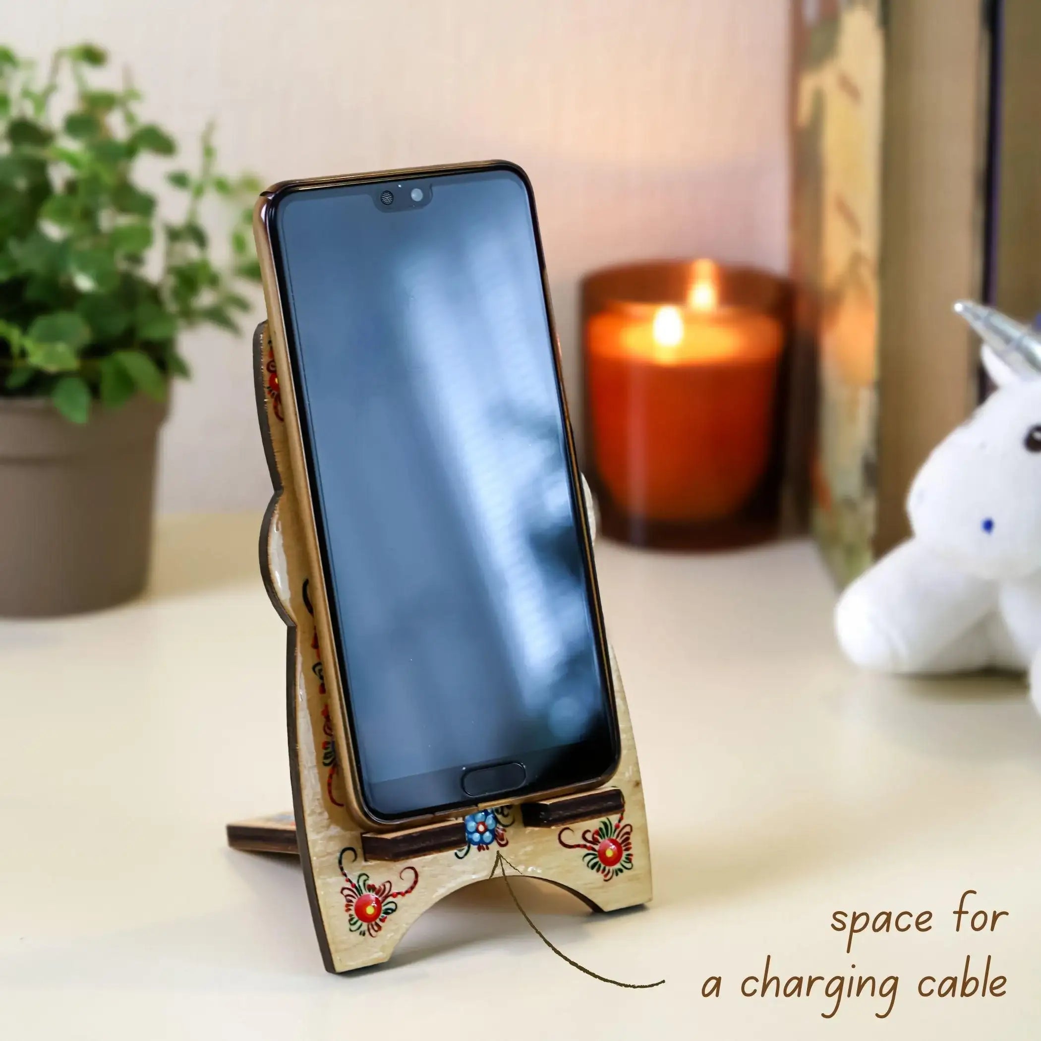 Hand-Painted Wooden Cat Phone Stand - Handmade Ukrainian Petrykivka Art Desk Phone Holder, Cute Desk Decor