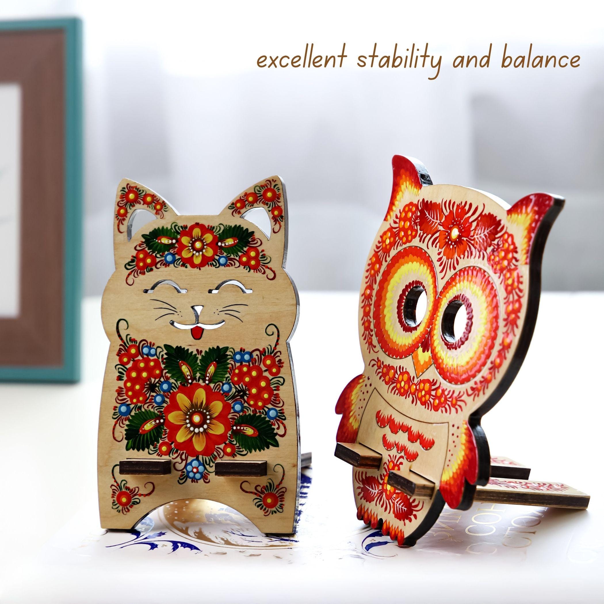 Hand-Painted Wooden Cat Phone Stand - Handmade Ukrainian Petrykivka Art Desk Phone Holder, Cute Desk Decor