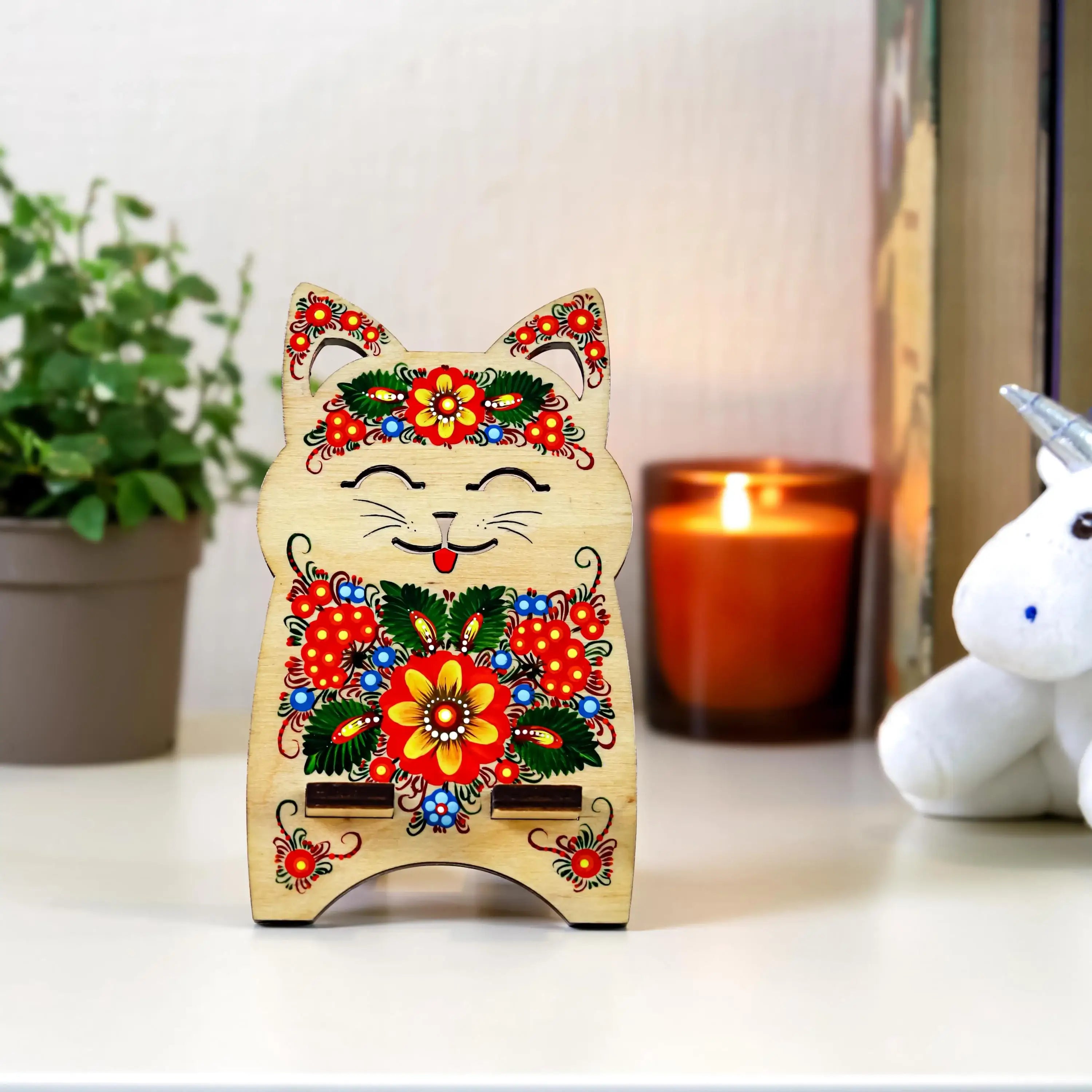Hand-Painted Wooden Cat Phone Stand - Handmade Ukrainian Petrykivka Art Desk Phone Holder, Cute Desk Decor