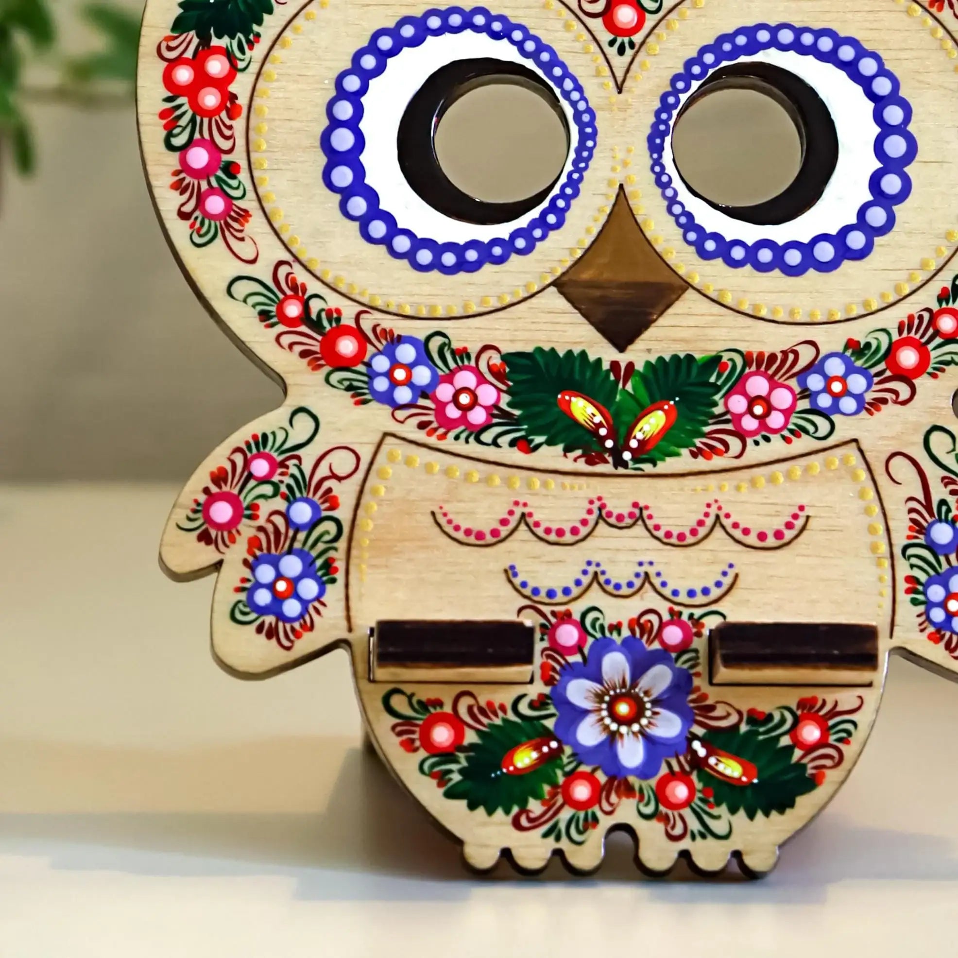 Painted Owl Phone Stand - Wooden Pink & Purple Flower Smartphone Stand, Ukrainian Petrykivka Art Desk Phone Holder, Cute Pink Owl Stand